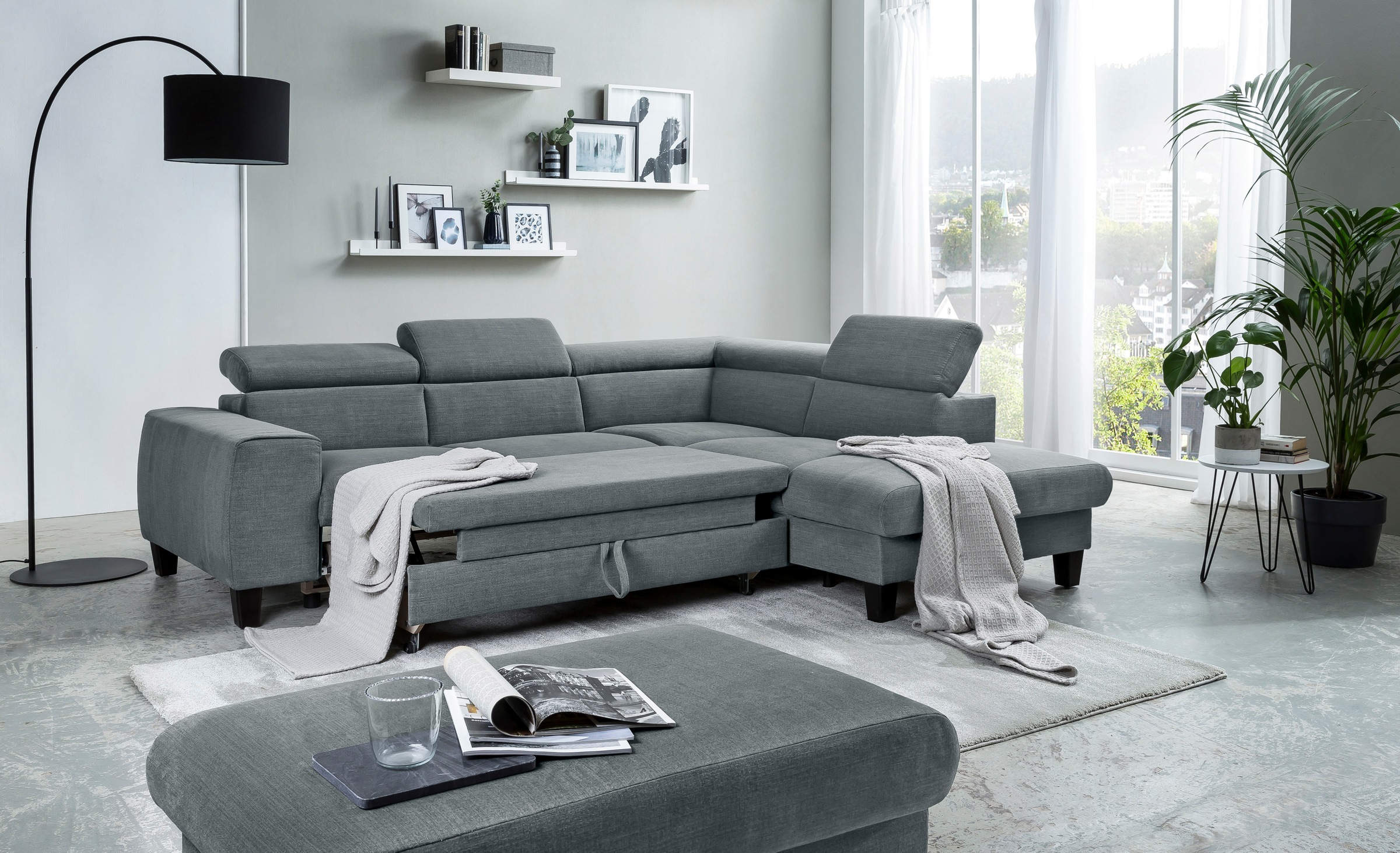 COTTA Ecksofa »Morven L-Form mit Kopfteilverstellung«, wahlweise mit Bettfunktion, Bettkasten & Wireless-Charger