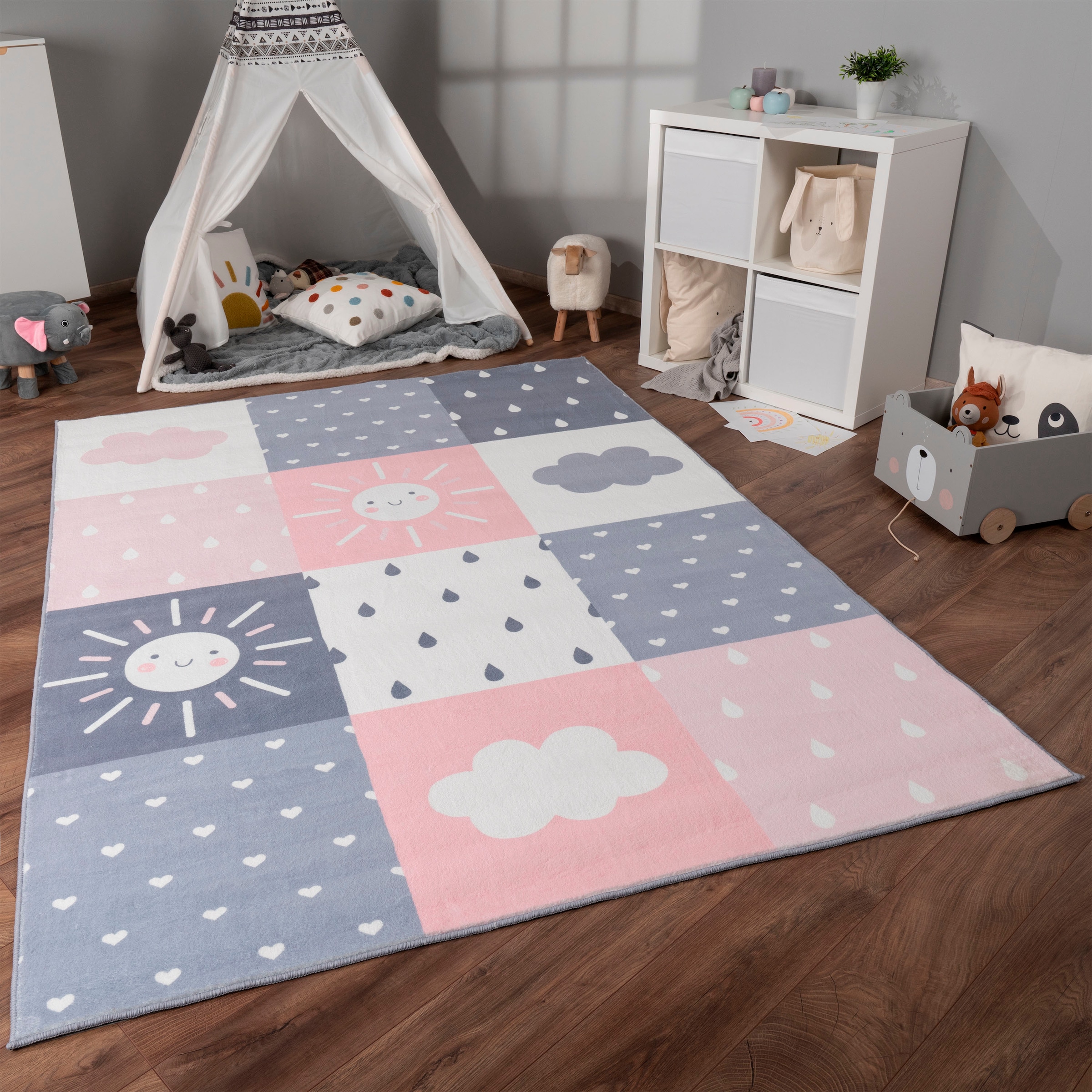 Paco Home Kinderteppich »Eliz 393«, rechteckig, 12 mm Höhe, Kurzflor, Spielteppich, Patchwork-Muster, Motiv Sonne, Wolken, Herz