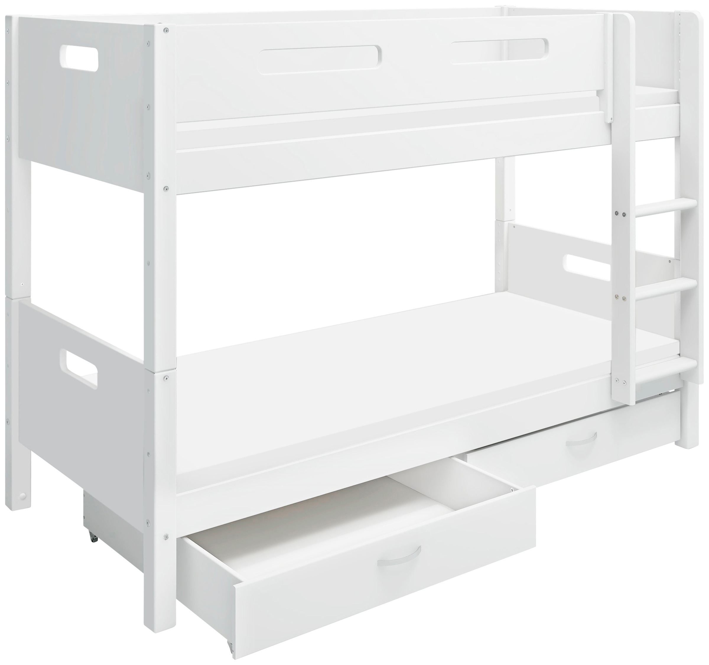 Etagenbett “ Nordic“, produziert by Flexa,Umbaubar in 2 Einzelbetten, incl Rollrost, weiß Breite Absturzsicherung vorne in MDF-Schubladensatz mit 2 Stück