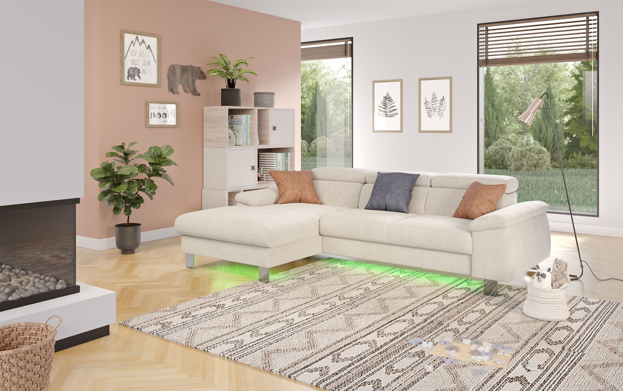 COTTA Ecksofa Komaris, Ecksofa, wahlweise mit RGB-LED-Beleuchtung und Bettfunktion/Bettkasten