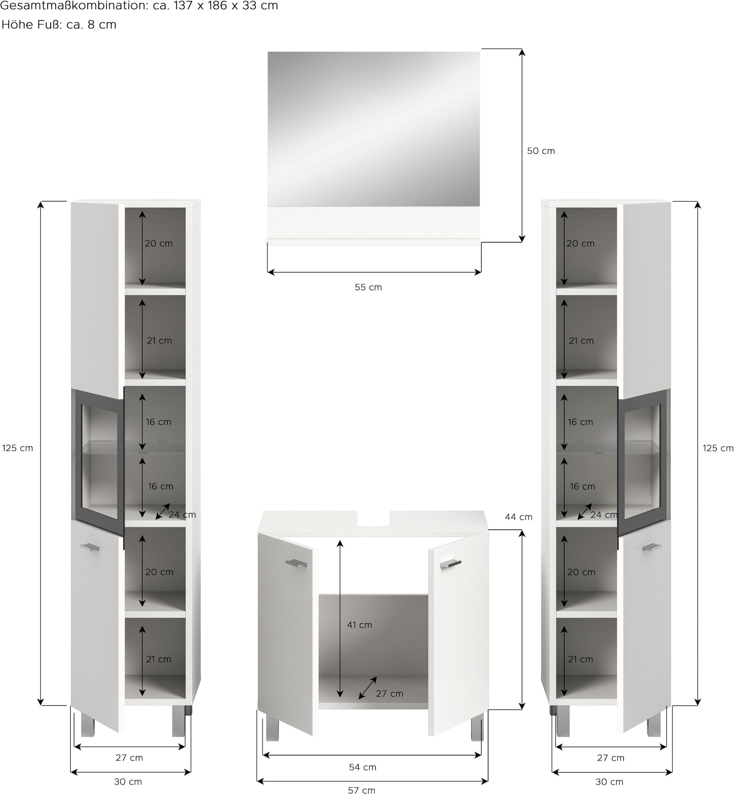 welltime Badmöbel-Set »Tampa, Breite 137cm, 4-teilig«, (4 St.), Waschbeckenunterschrank, Spiegel, Hochschrank