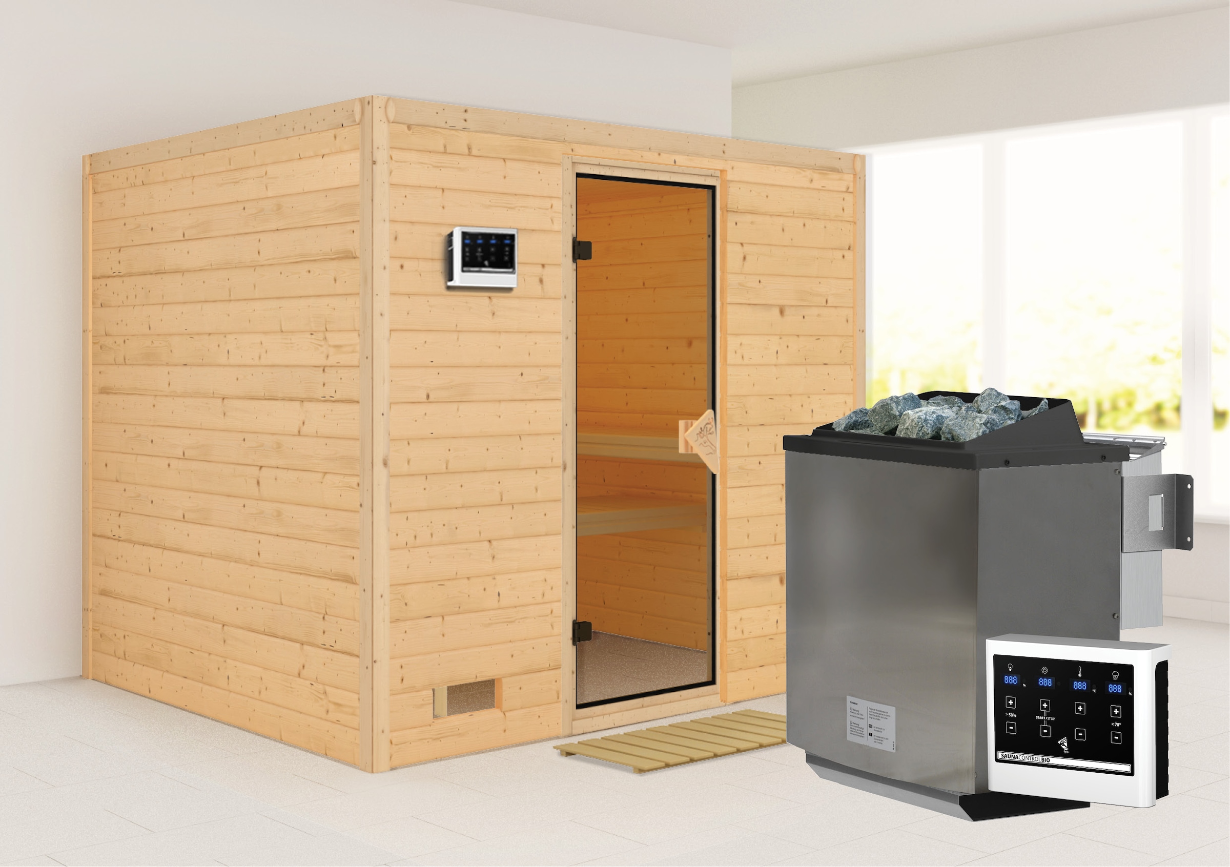 Karibu Sauna »Soraja« Set, 9-kW-Bio-Ofen mit externer Steuerung günstig online kaufen