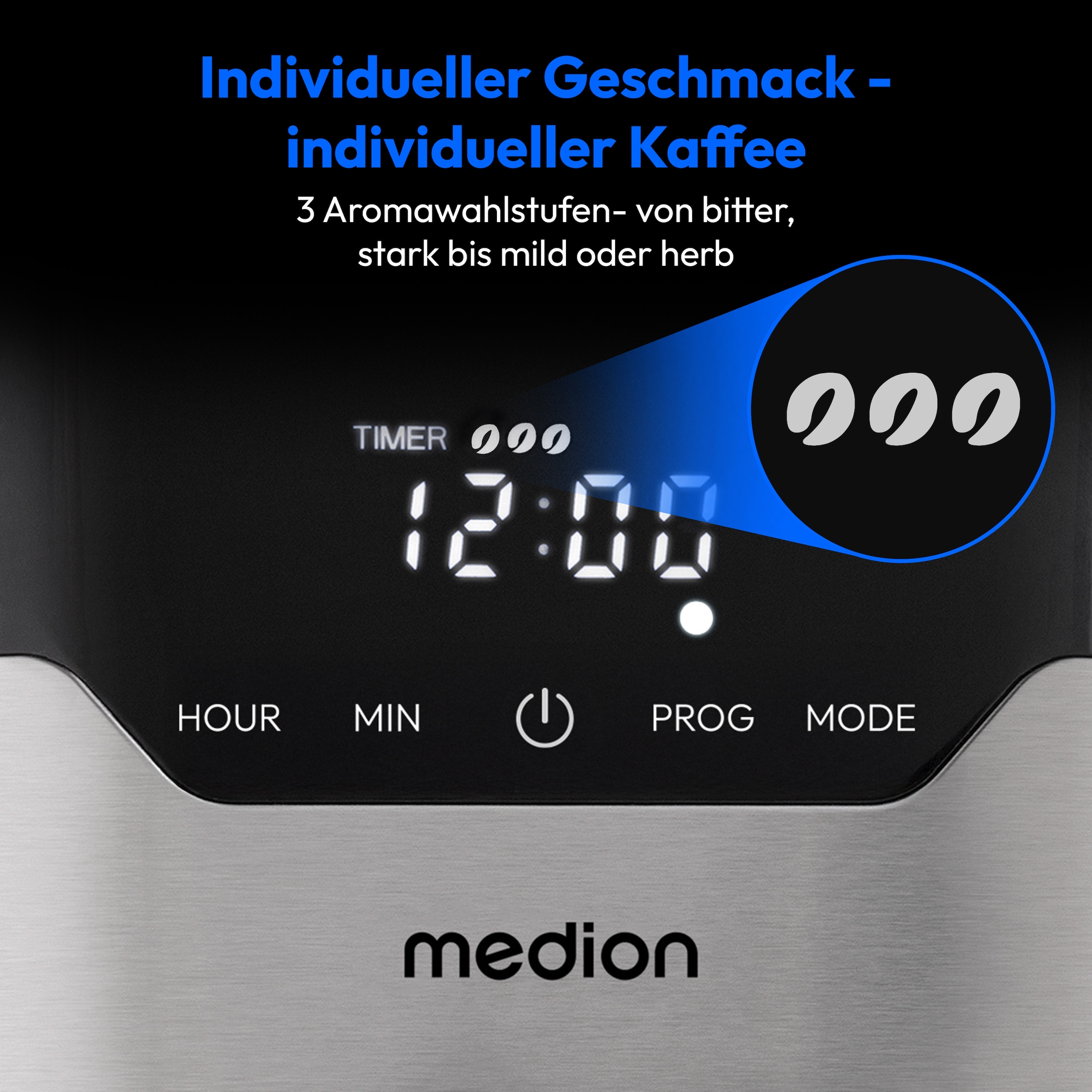 Medion® Filterkaffeemaschine »MD 18458, Aromawahlschalter mit 3 Stufen, 1,2 L Edelstahlkanne, Timer« 1,2 l Kaffeekanne Permanentfilter 1x4 Wasserstandsanzeige, Tropfstopp