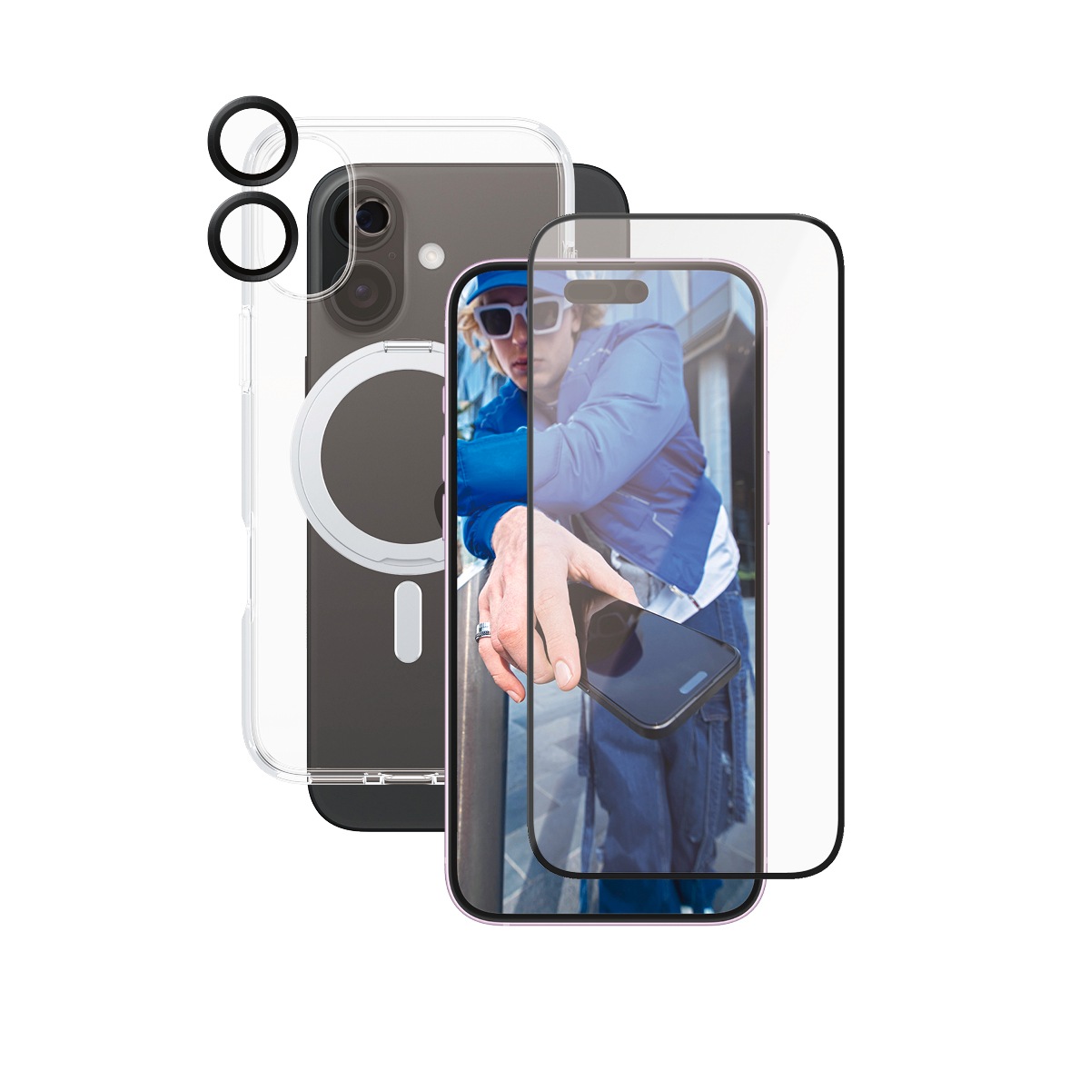 CARE by PanzerGlass Displayschutzglas »3-in-1 Protection, Ceramic Glass, Kickstand Case, Lens Cover«, für Apple iPhone 16 Plus, Displayschutzfolie, Schutzfolie, Bildschirmschutz, kratz- & stoßfest