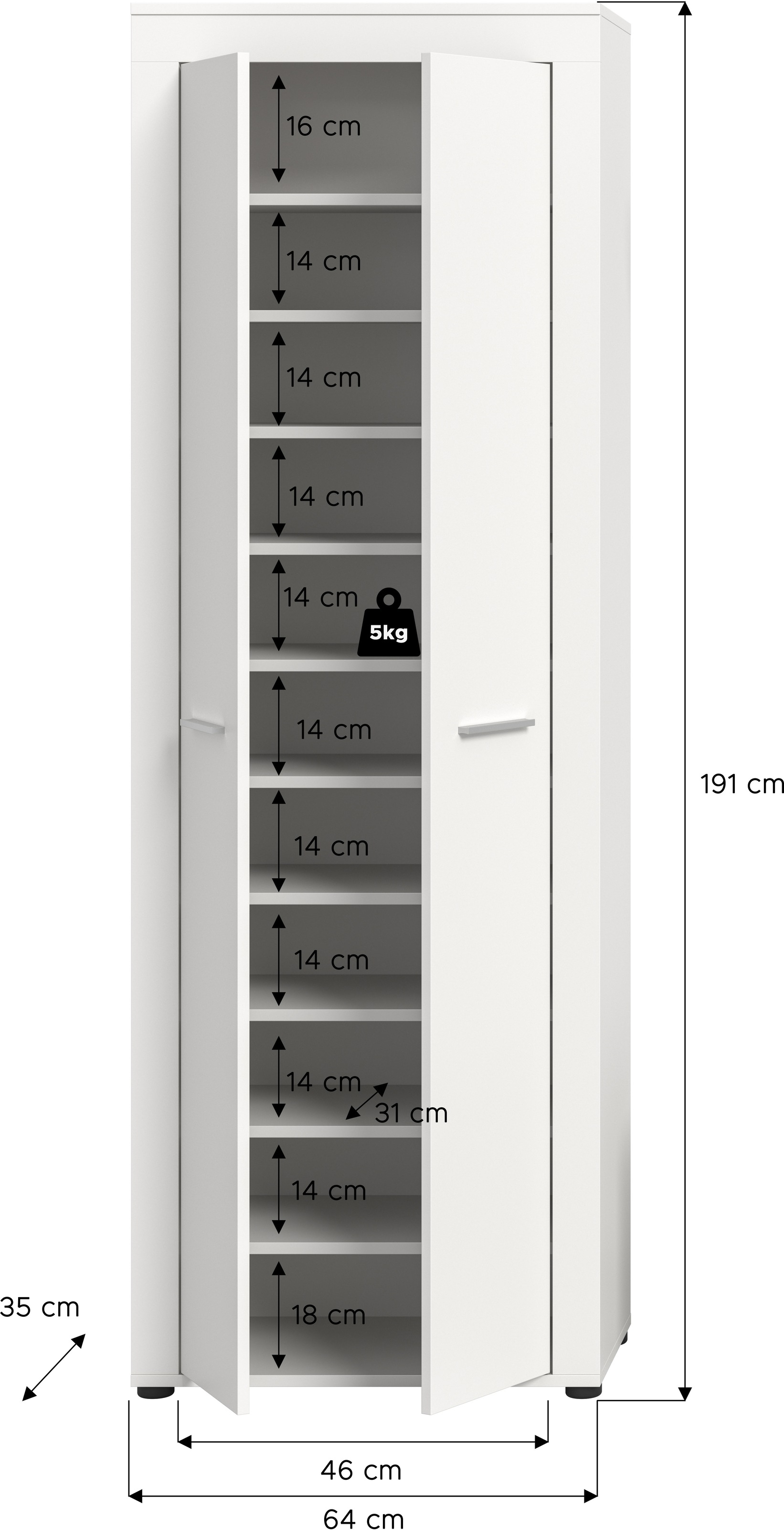 INOSIGN Schuhschrank, (1 St.), Schuhschrank, Höhe 191 cm, 11 Fächer, Garderobenschrank, Flur, Diele