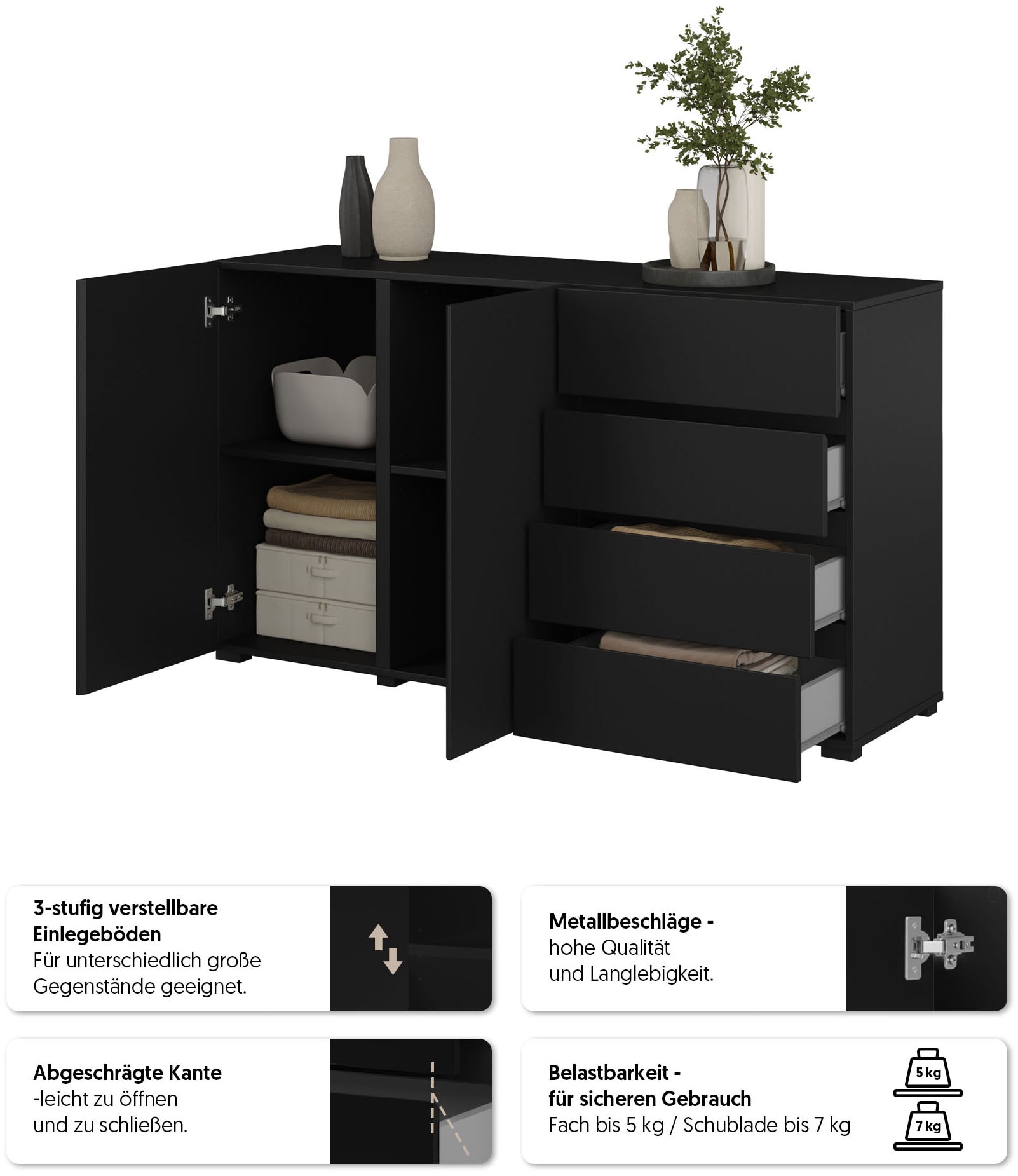 INOSIGN Sideboard »Metric,Breite 138 cm, grifflose Kommode 2 Türen/4 Schubkästen« Schubladenschrank mit viel Stauraum, Einlegeböden verstellbar