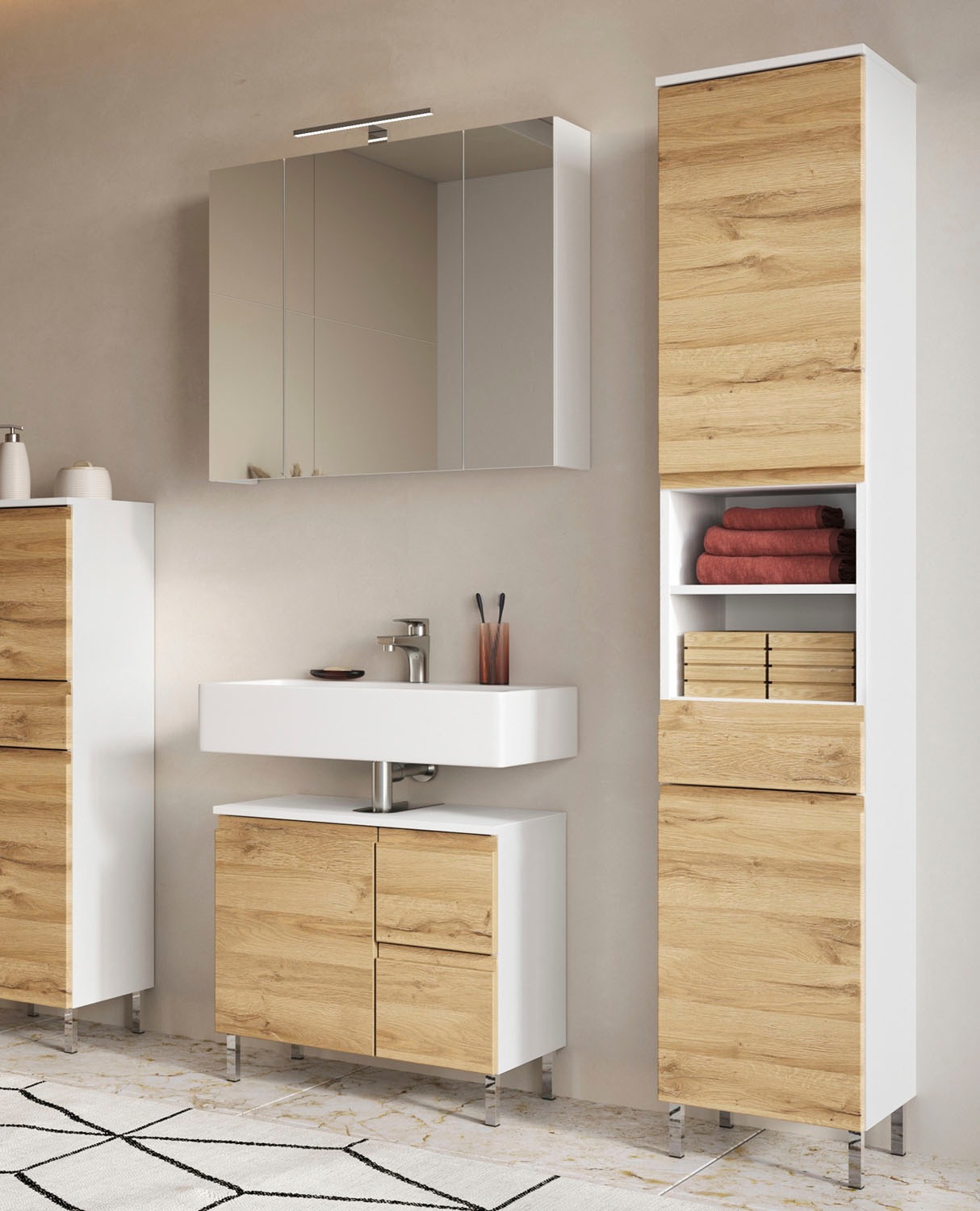 GERMANIA Badmöbel-Set »Torrance«, (3 St.), Waschbecken-Unterschrank, Spiegelschrank mit Beleuchtung, Hochschrank