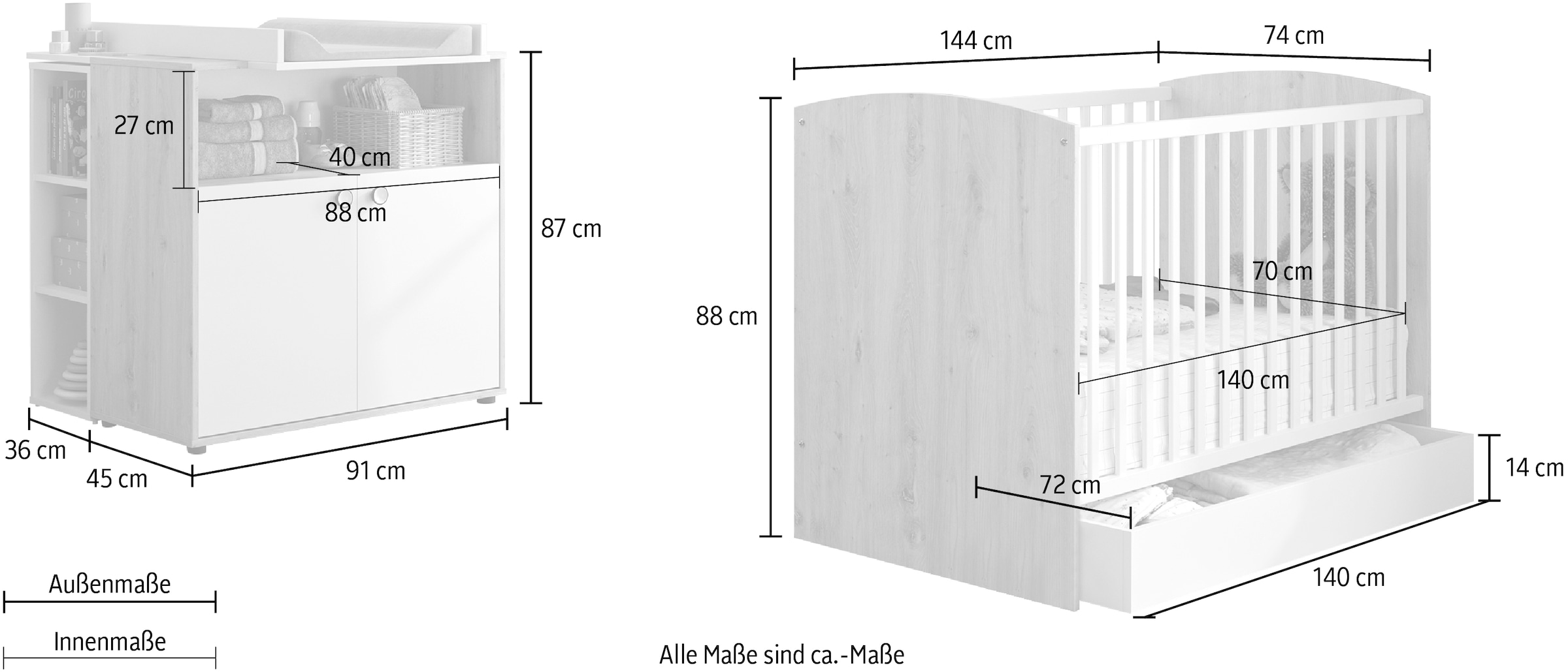 Galipette Babymöbel-Set »Arthur«, (5 tlg., mit Bett und Bettschublade, Wickelkommode, Wickelaufsatz und Regal)
