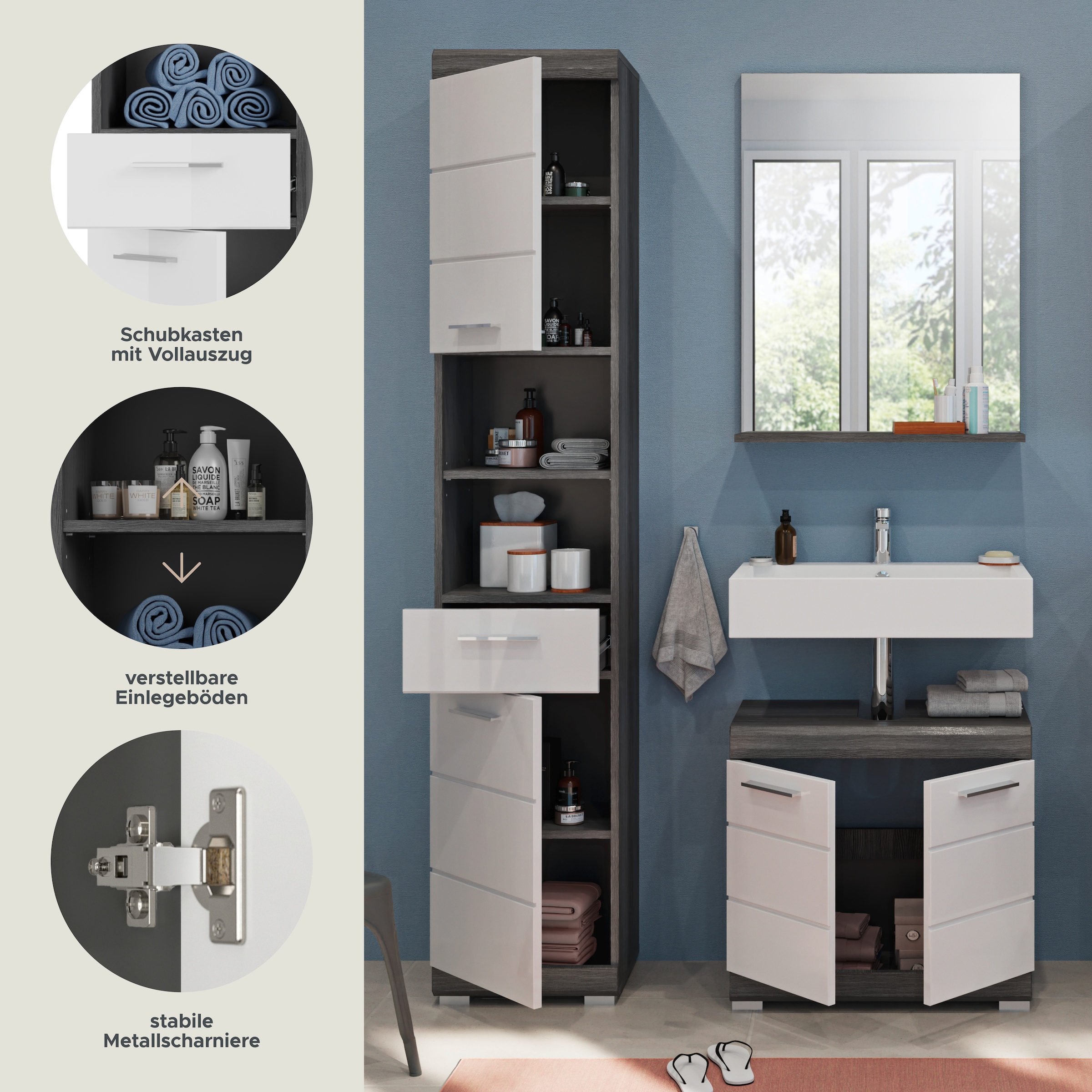 INOSIGN Badmöbel-Set »Siena, 3 teilig, bestehend aus:«, (Set, 3 St.), Hochschrank, Waschbeckenunterschrank, Spiegel