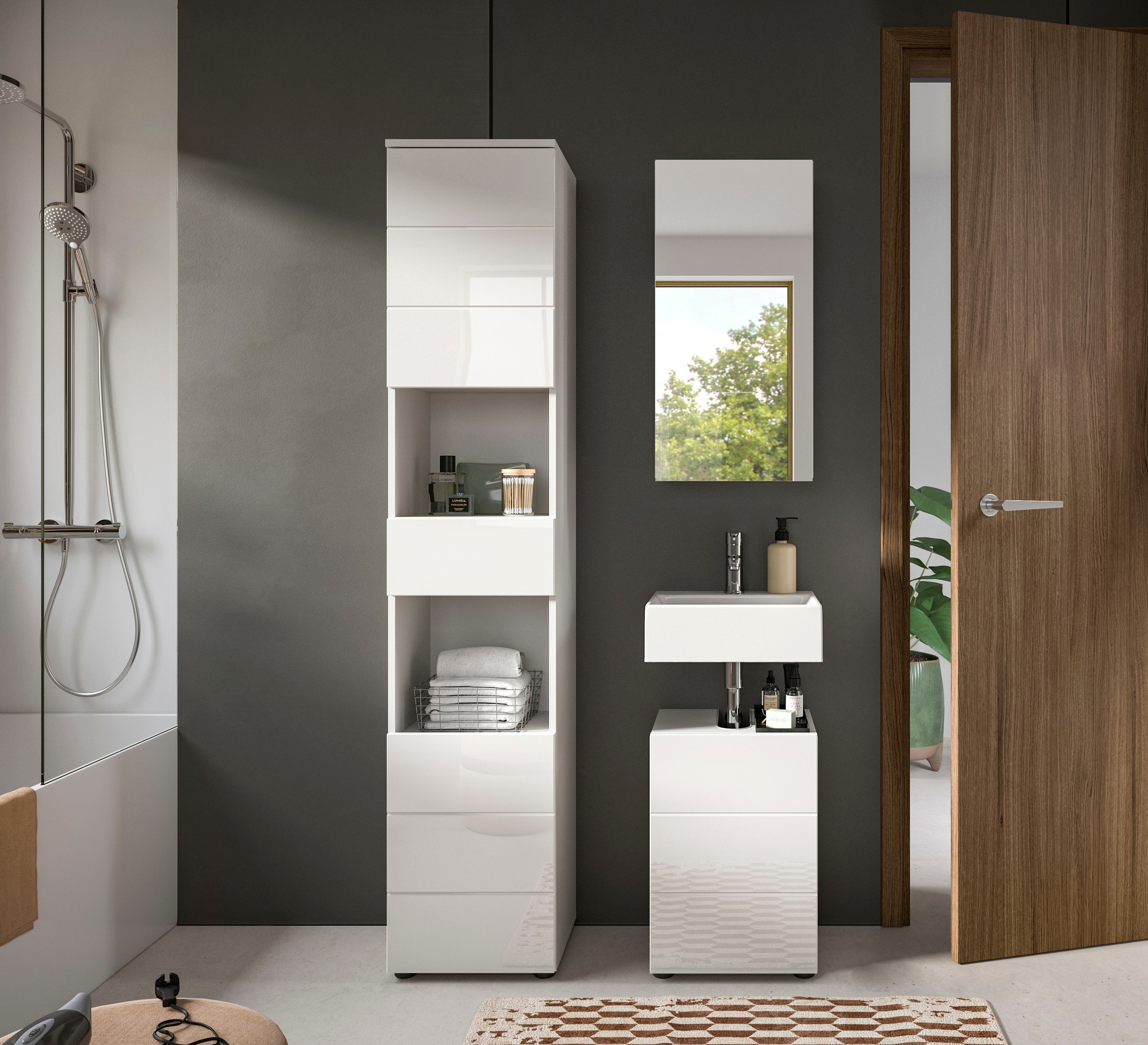 welltime Badmöbel-Set »Biel, Höhe 190 cm, Hochschrank, Unterschrank, Spiegelschrank«, (3 St.), Bad Set, modernes Design, Hochschrank, Unterschrank, Spiegel
