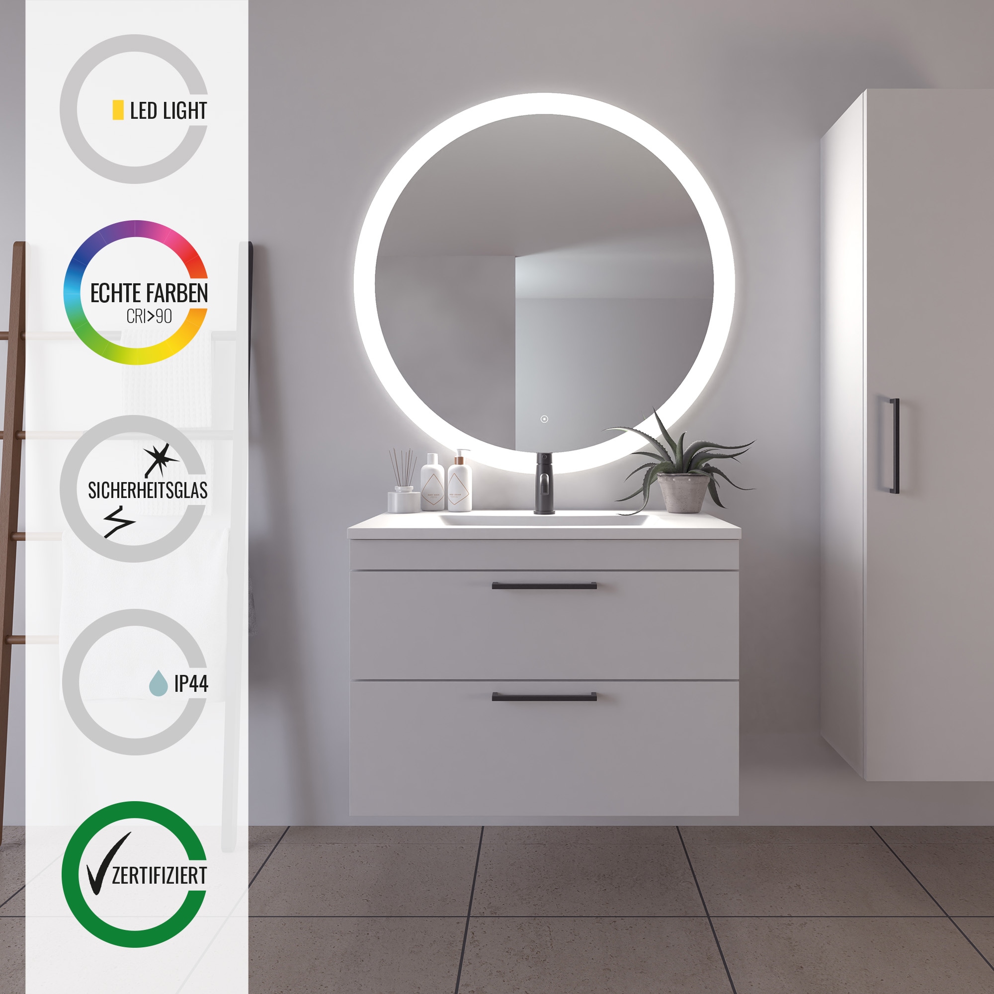 Badspiegel »Vega Rund, Badzimmerspiegel mit LED Beleuchtung, Lichtspiegel«, günstig online kaufen