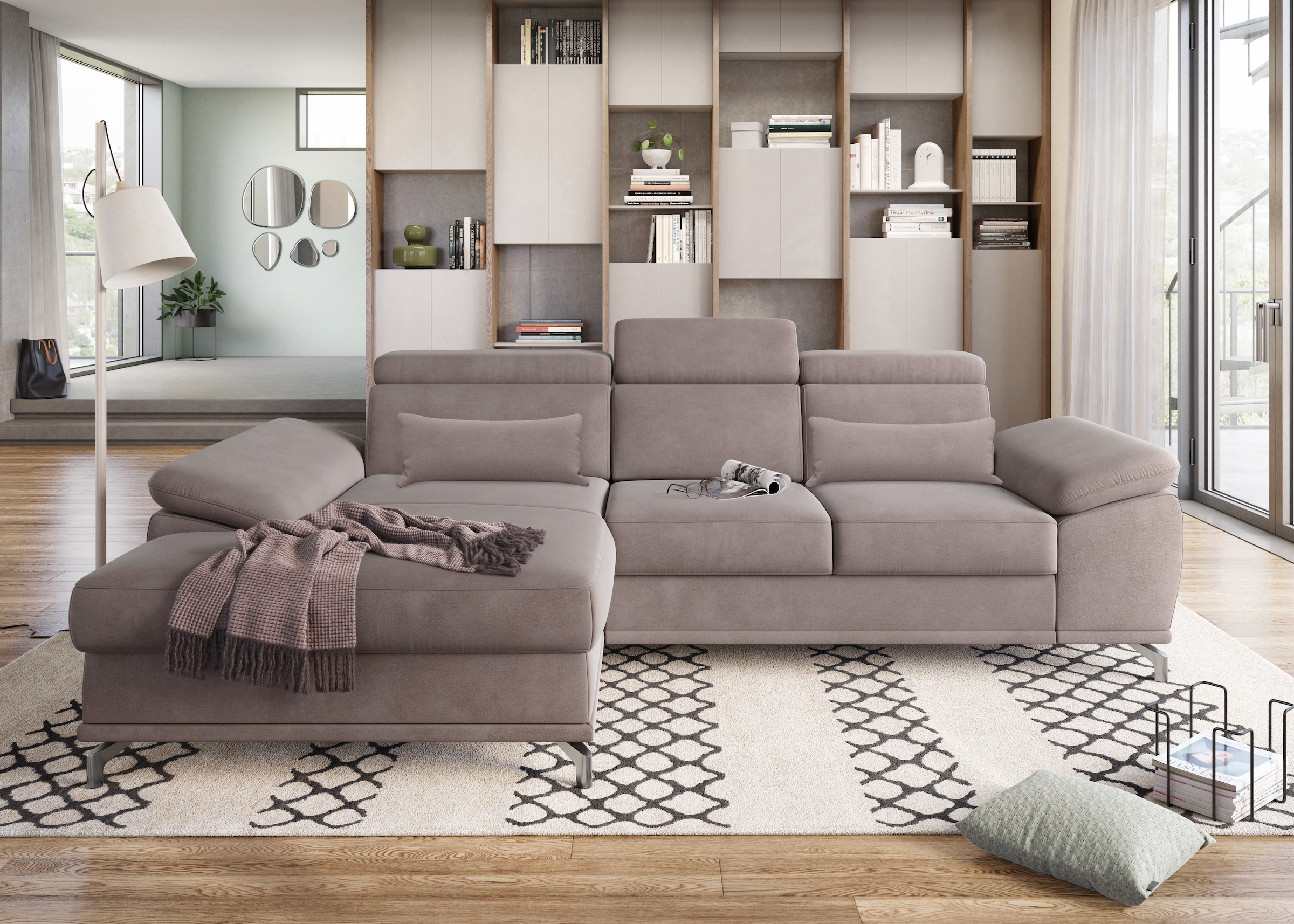 sit&more Ecksofa »Cabrio L-Form, mit Sitztiefenverstellung, Arm- und Kopfteilverstellung«, 2 Nierenkissen, Federkern, optional Bettfunktion und Stauraum
