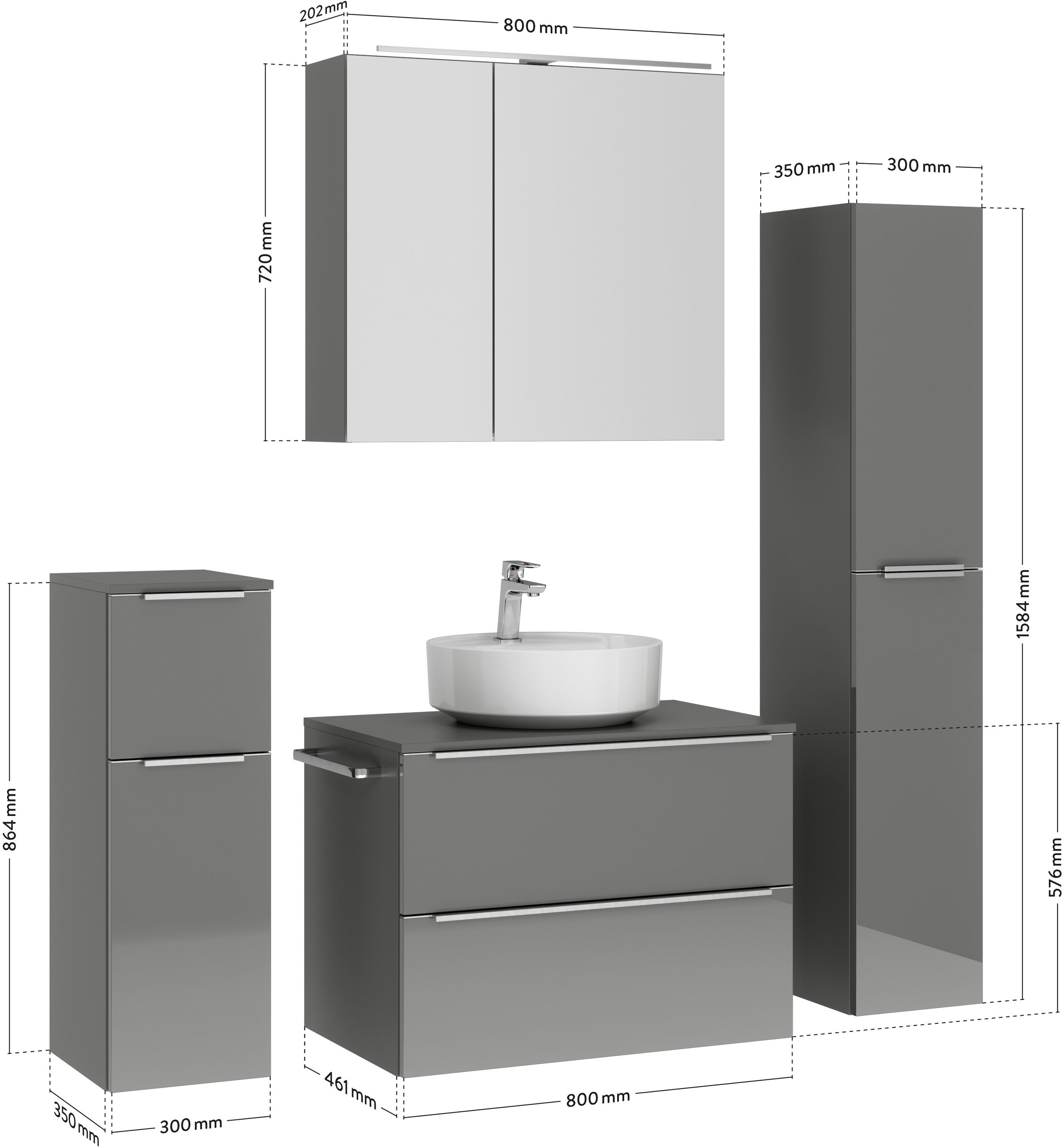 nobilia® Badmöbel-Set »Alvene«, (4 St., vormontiert, mit Soft-Close), inkl. Spiegelschrank mit Beleuchtung und Dimmerfunktion, in 4 Breiten