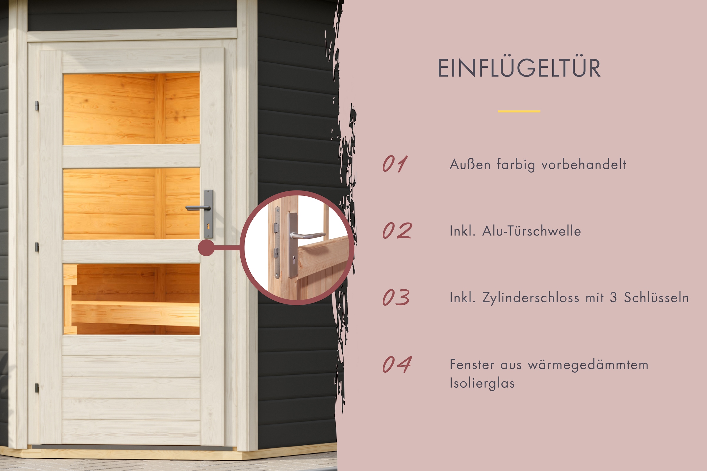 Karibu Saunahaus »»Simon 1« mit moderner Tür, terragrau mit Fenster«