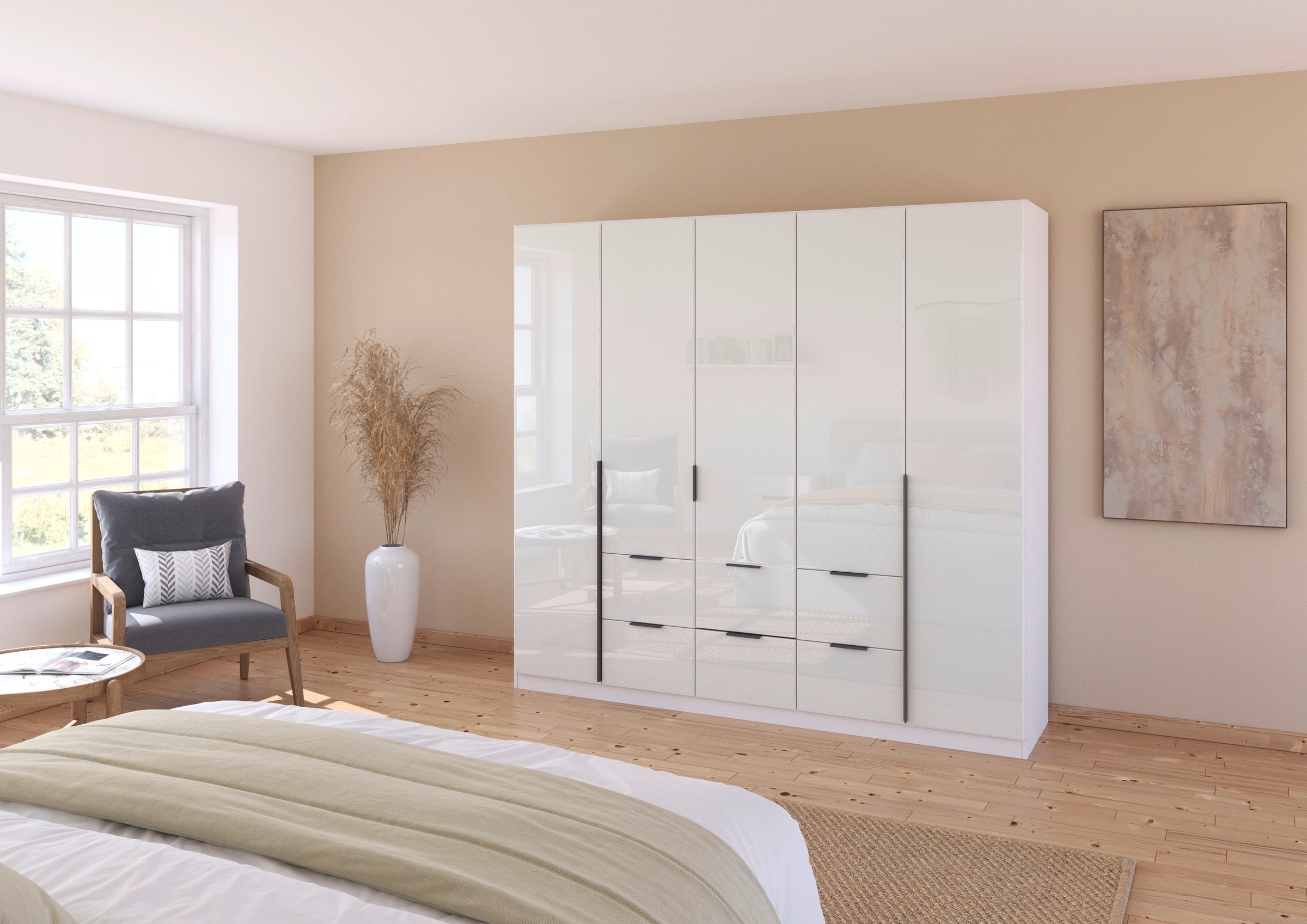 rauch Drehtürenschrank »Kleiderschrank Kleiderschränke Schrank Garderobe AGORDO mit Glasfront«, (in zwei Griff-Farben mit Glasfront), mit Außenschubkästen, in 6 Breiten und 2 Höhen MADE IN GERMANY