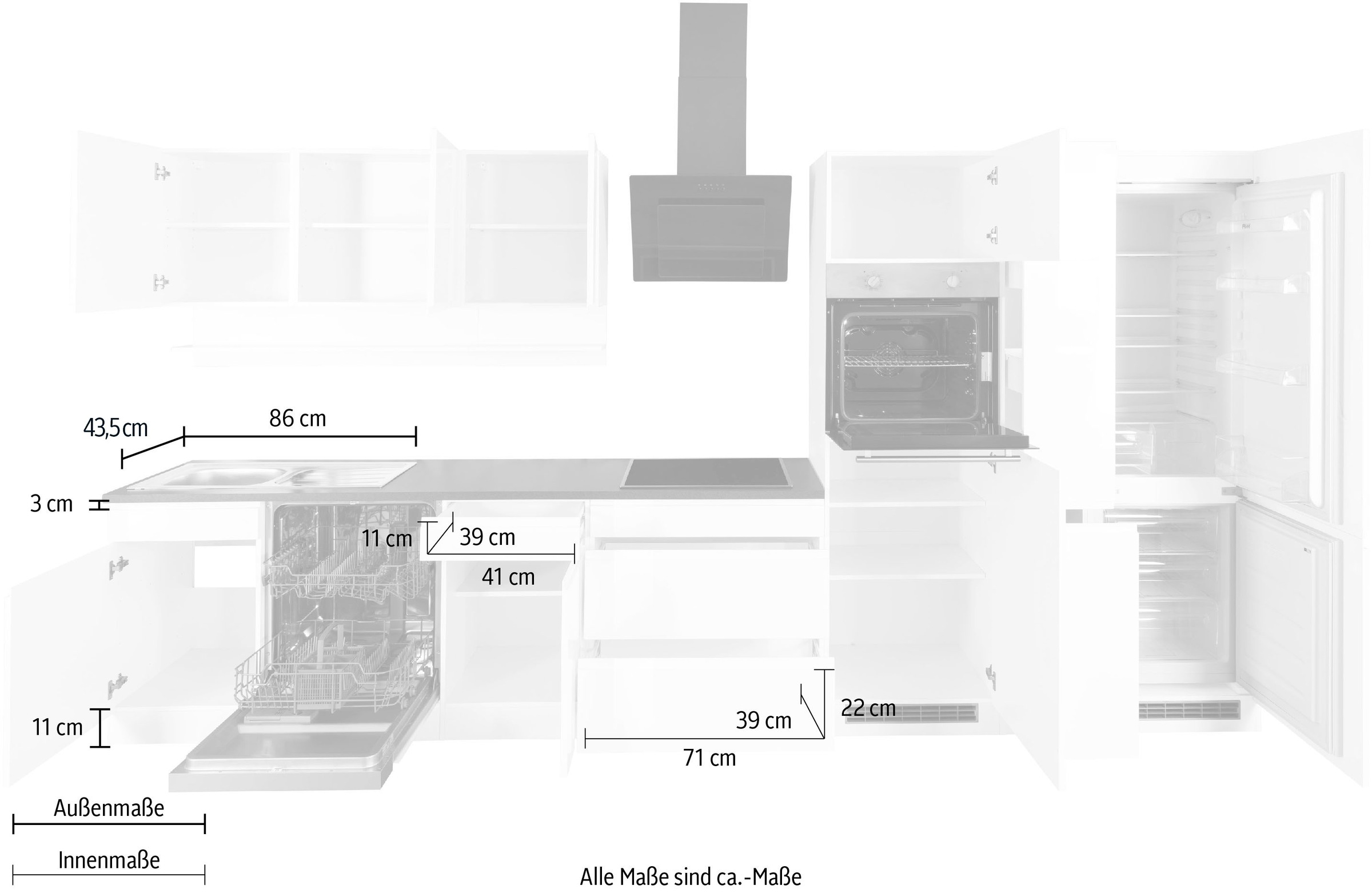 HELD MÖBEL Küchenzeile »Virginia«, Breite 390 cm, mit Glaskeramik-oder Induktionskochfeld
