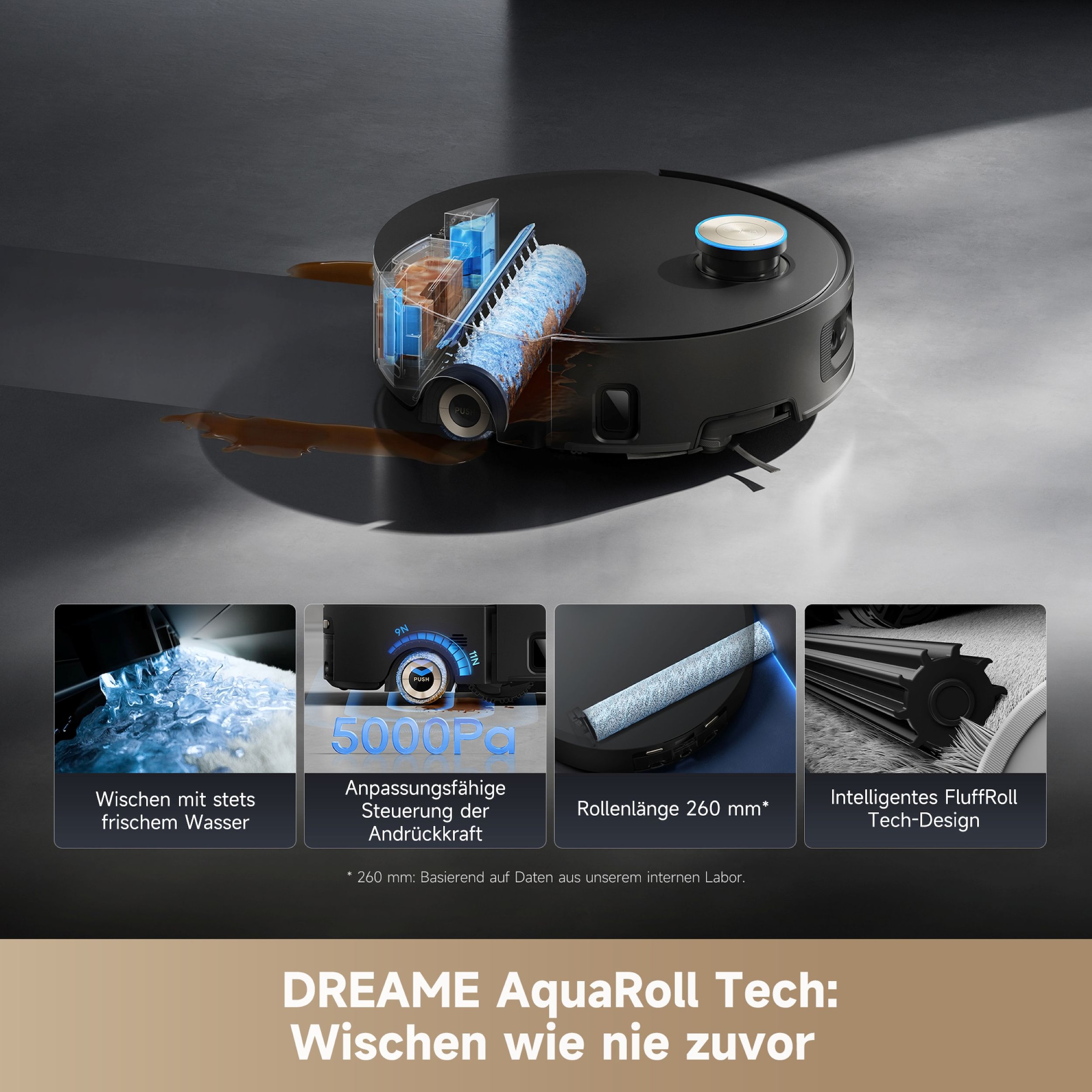 Dreame Nass-Trocken-Saugroboter »Aqua10 Ultra Roller Complete Black«, Warmwasser-Wischsystem, Rollenmopp, überwindet Hindernisse, 30.000 Pa