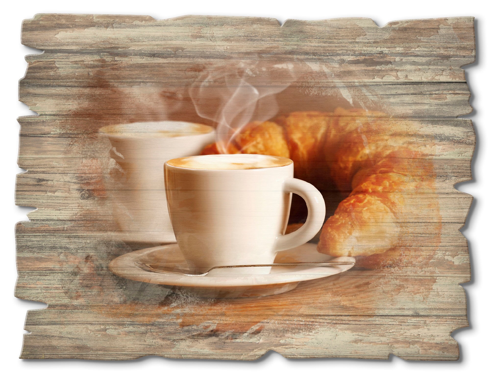 Artland Holzbild »Dampfender Cappuccino und Croissant«, Getränke, (1 St.)