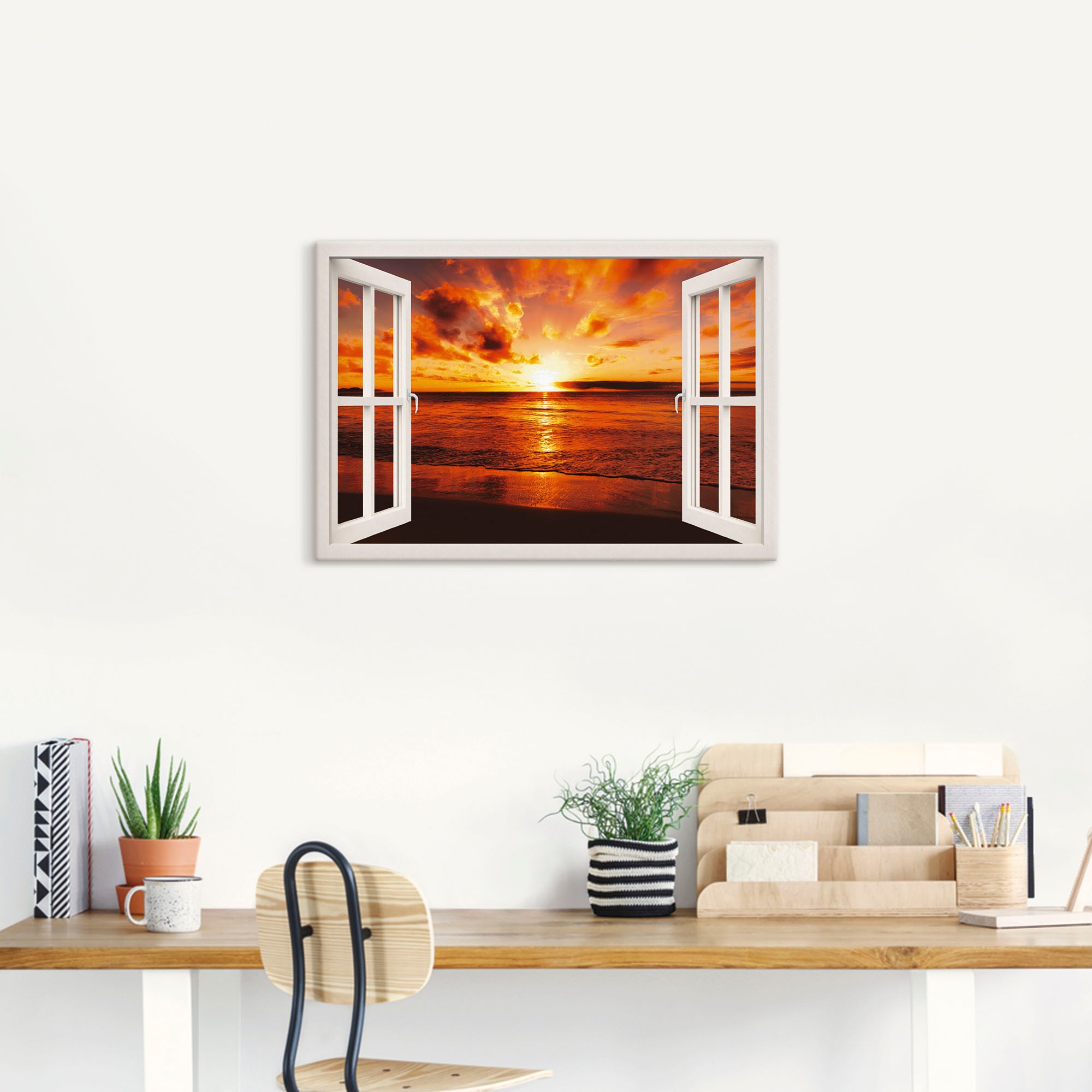 Artland Wandbild »Fensterblick Sonnenuntergang am Strand«, Fensterblick, (1 günstig online kaufen