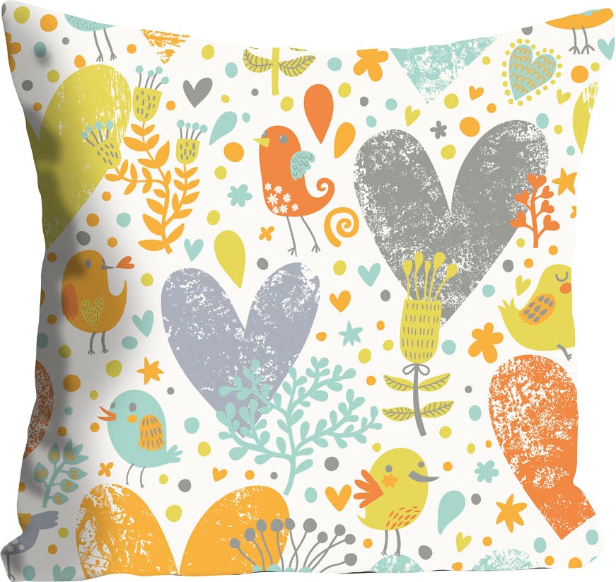 queence Dekokissen »Sementha«, Kissenhülle,Bunte Herzchen,Vögel,Weiß,Liebe, günstig online kaufen
