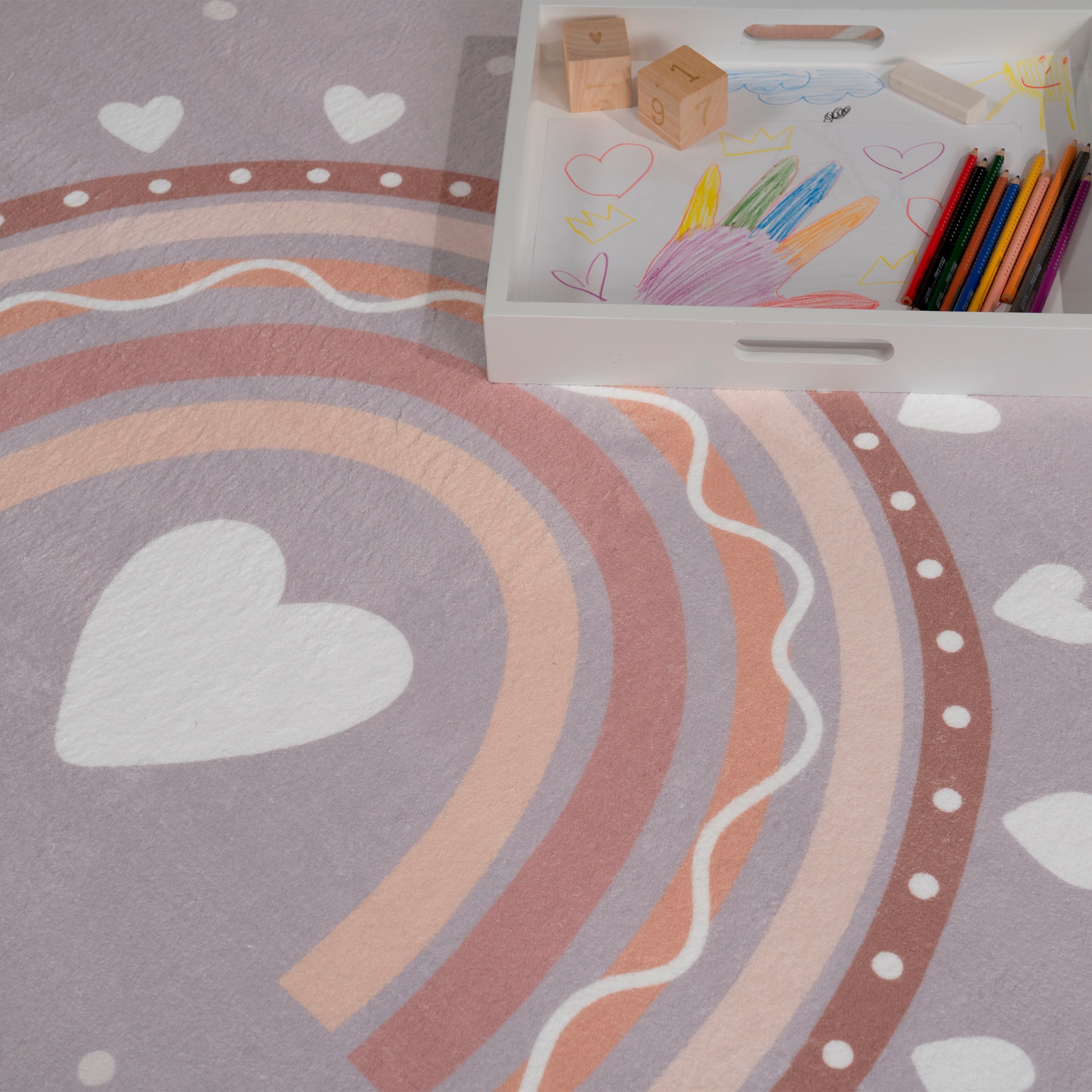 Paco Home Kinderteppich »Eliz 392«, rechteckig, 12 mm Höhe, Kurzflor, Spielteppich, Patchwork-Muster, Motiv Punkte & Regenbogen