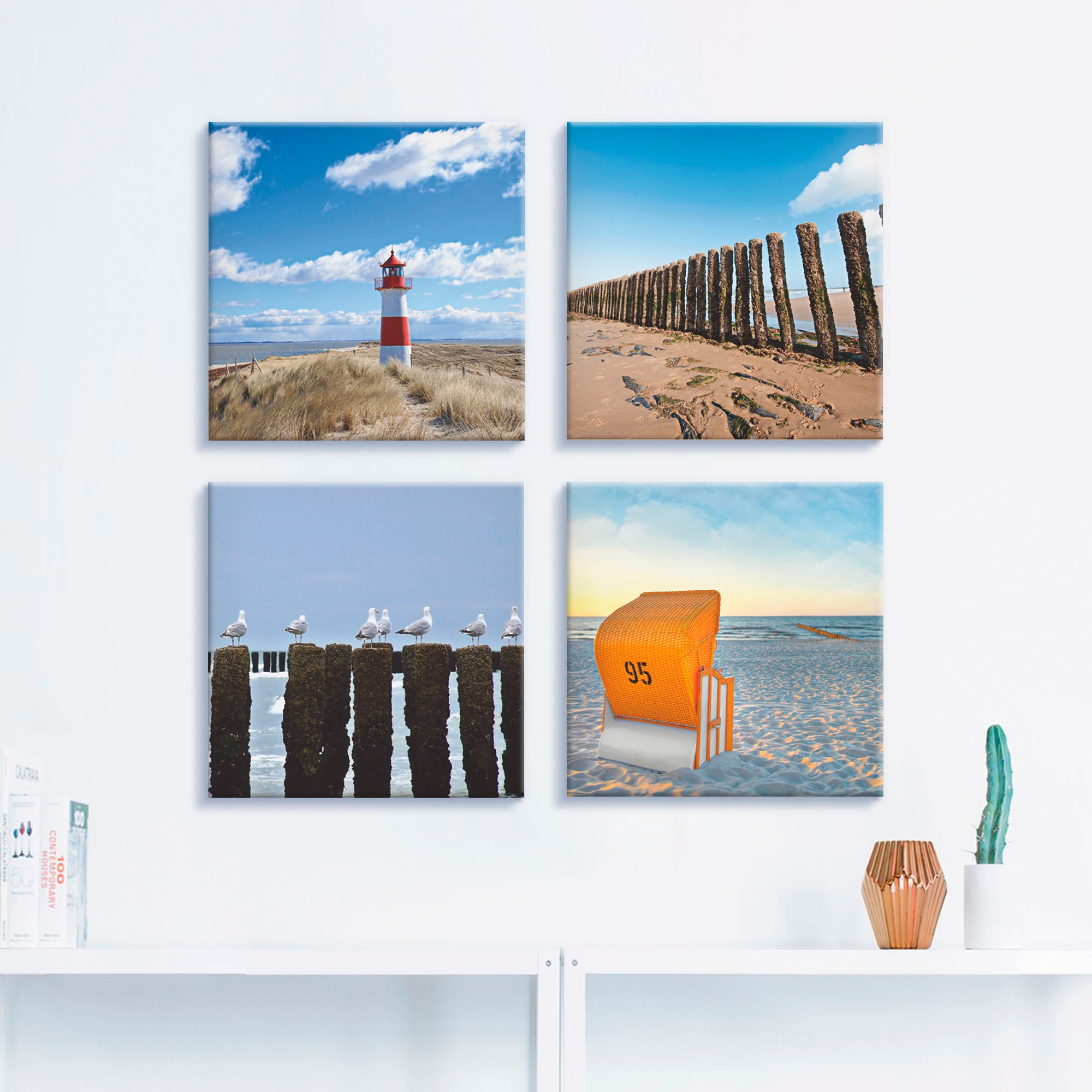 Artland Leinwandbild »Leuchtturm Sylt Strand Möven Strandkorb«, Strand, (4 St.), 4er Set, verschiedene Größen