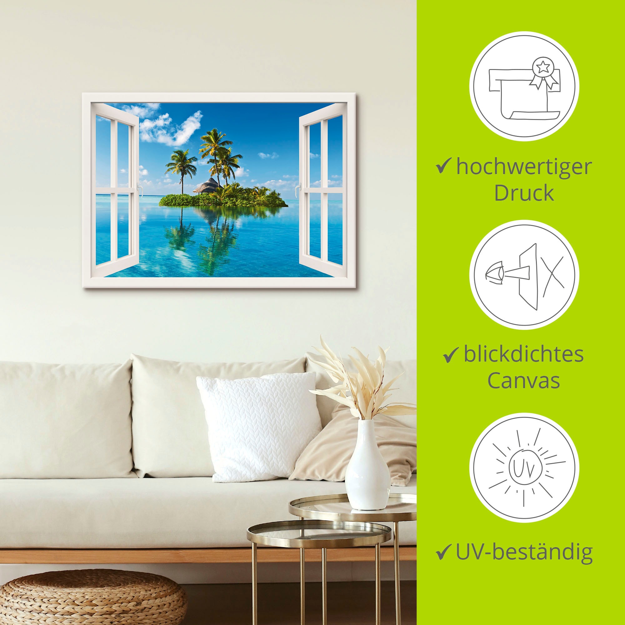 Artland Wandbild »Fensterblick Insel Palmen Meer« Fensterblick 1 Stk. tlg. als Leinwandbild, Poster, Wandaufkleber in verschied. Größen