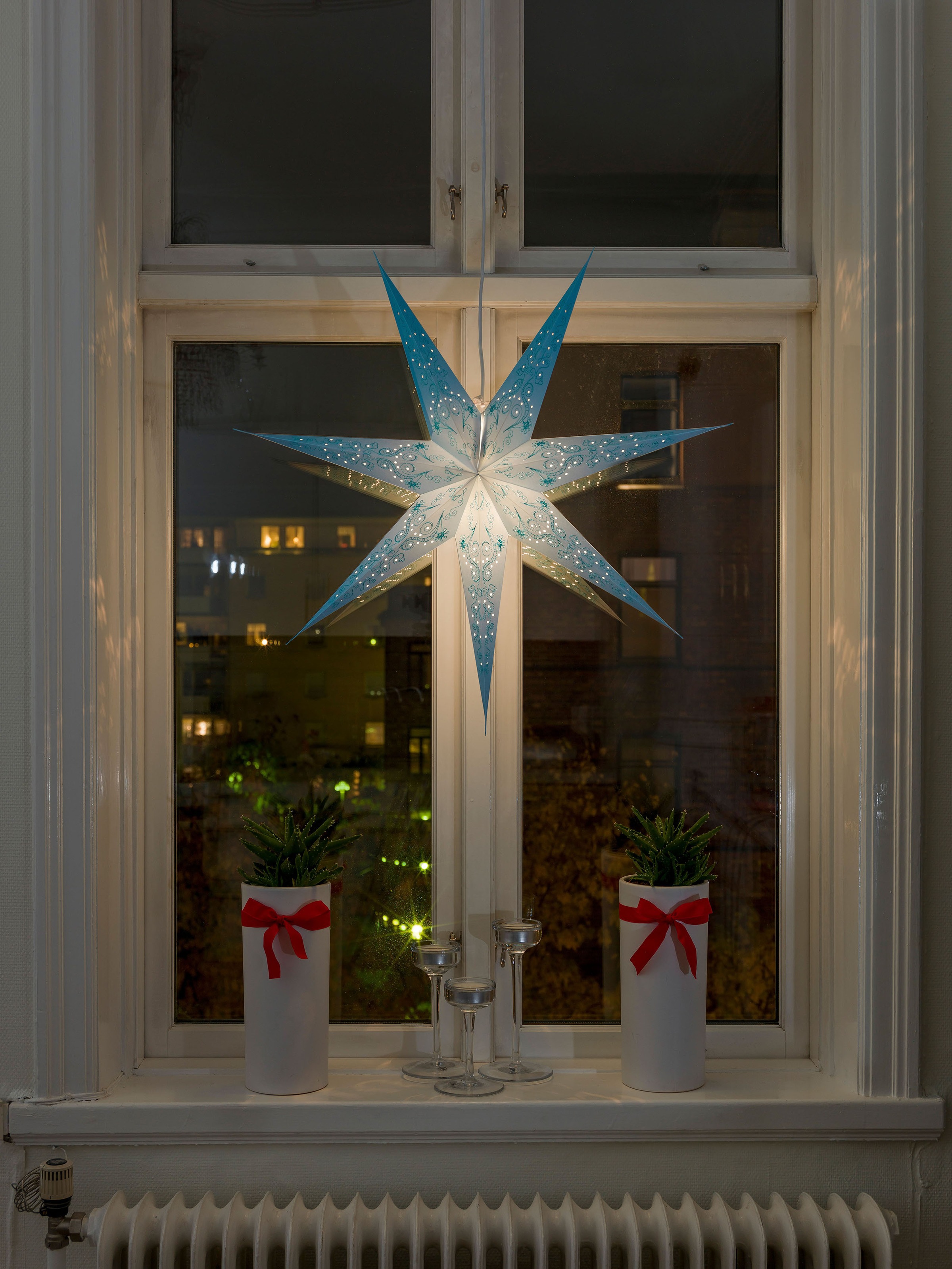 KONSTSMIDE Dekostern »Weihnachtsstern, Weihnachtsdeko«, (1 bestickt, und Zacken online Papierstern, LED 7 Stern, blau perforiert bei St.)
