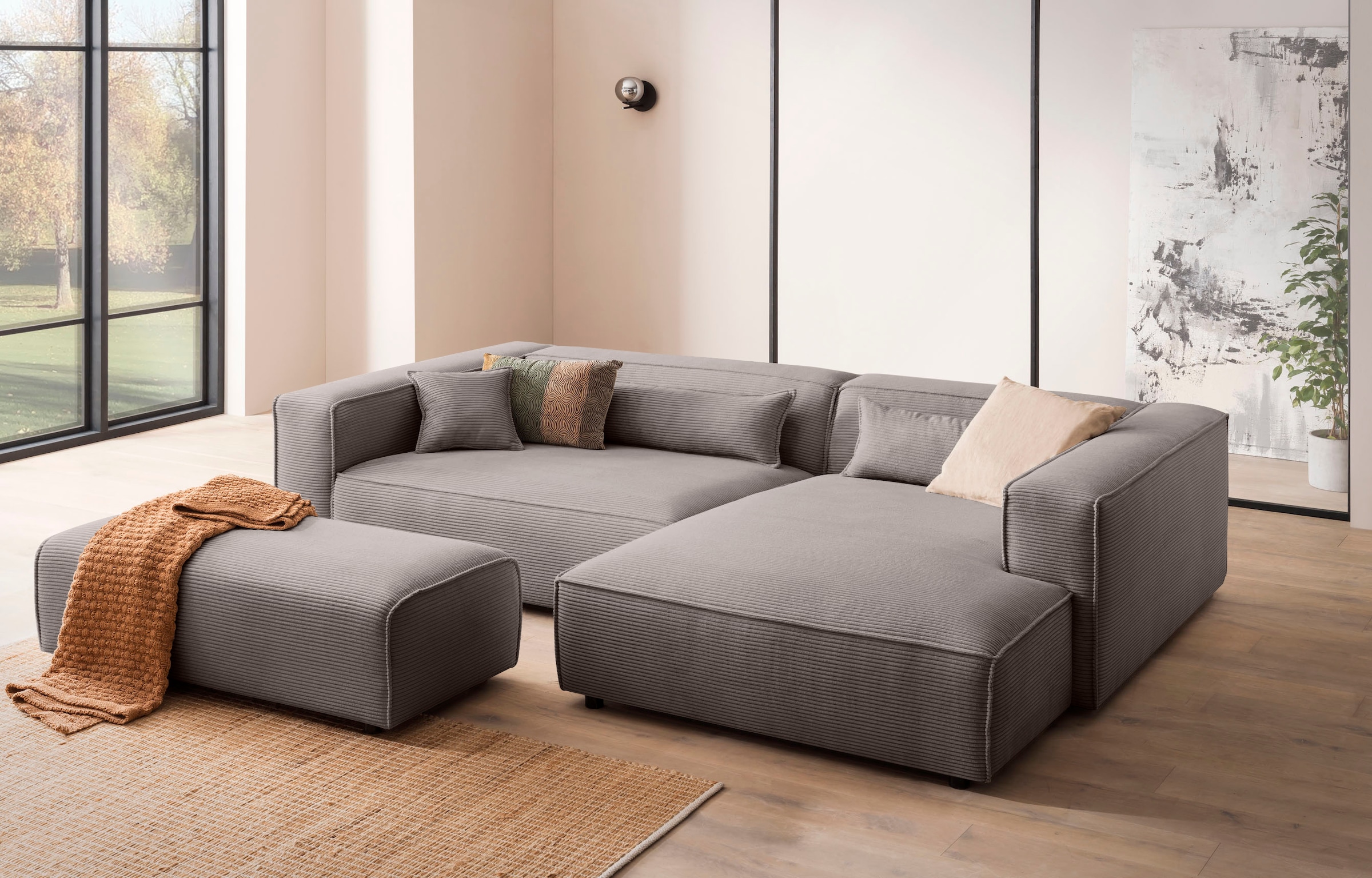 LeGer Home by Lena Gercke Polsterecke »PIARA XXL, L-Form mit Schlaffunktion, Big-Sofa in Cord o. Leinenoptik«, Hocker stellbar zum Schlafsofa (Krokodilverbinder), tiefe Sitzfläche