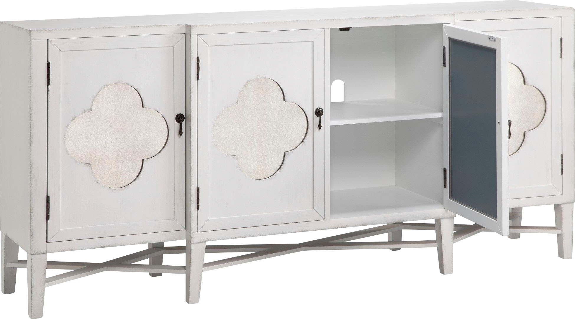 Leonique Sideboard »Juliette«, Kommode, Antik Weiß, Ornamente, verspiegeltes Glas, ca. 152x41x89 cm