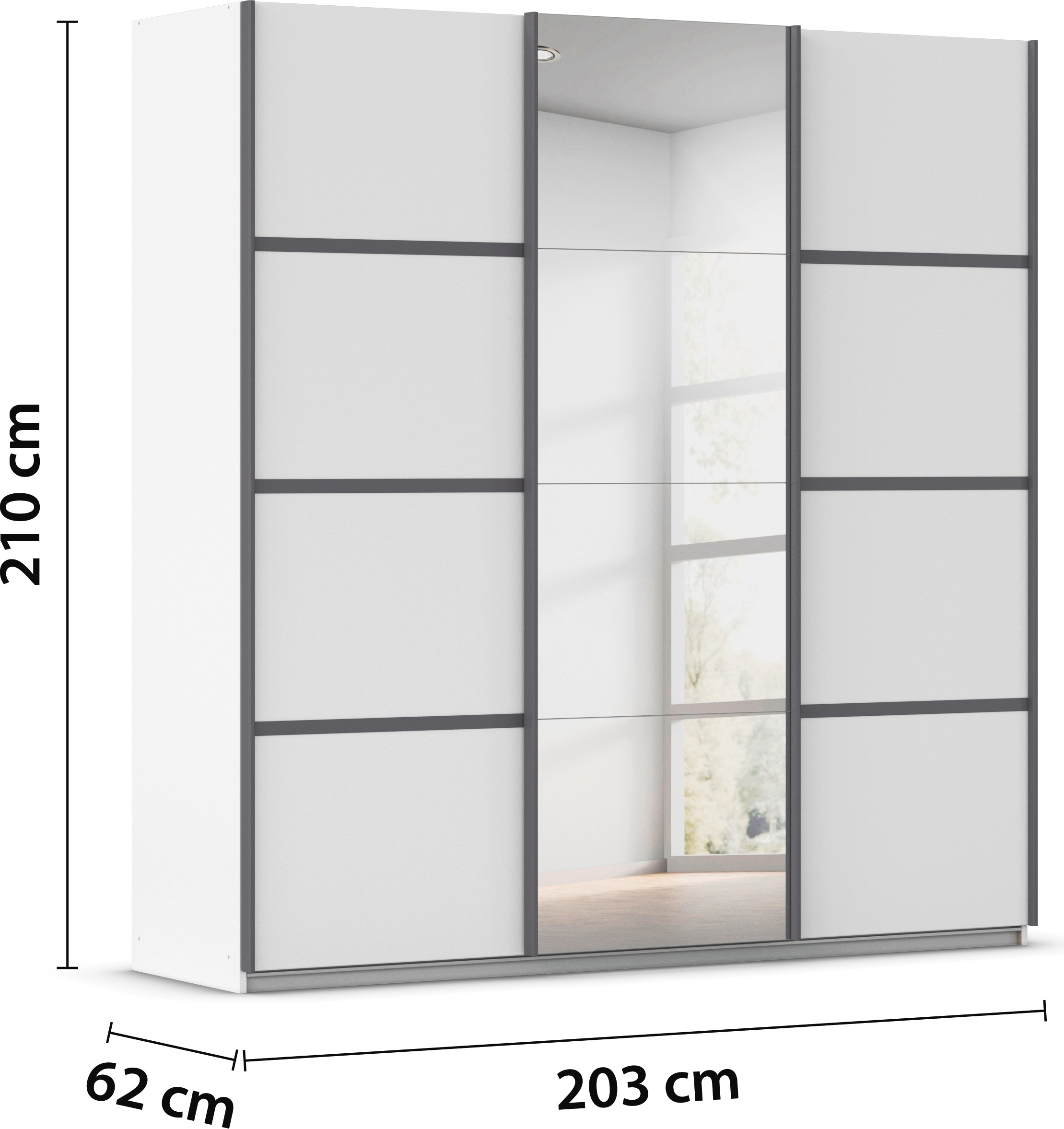 rauch Kleiderschrank »Schwebetürenschrank OTTO´s Choice Garderobe Schrank TOP ANGEBOT Avola«, (in 3 verschiedenen Ausstattungen BASIC/CLASSIC/PREMIUM inkl. Spiegel), mit eleganten Zierleisten in Chrom, Schwarz oder Weiß MADE IN GERMANY