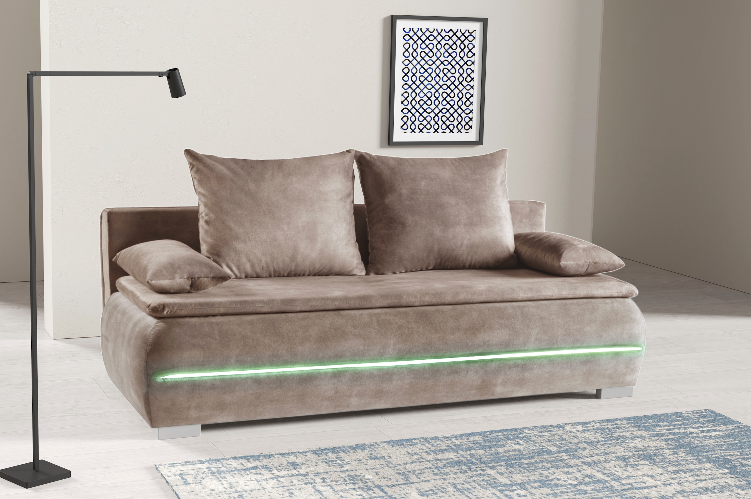 WERK2 Schlafsofa »Tekla 206 cm LED modern, Liegefläche 200/140cm, Wellenunterfederung« Veloursstoff, Schlaffunktion, Bettkasten, LED-Beleuchtung