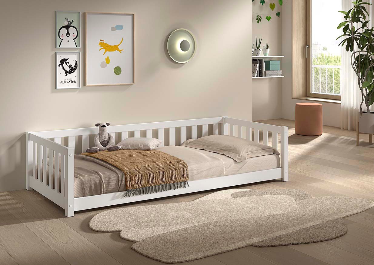 Vipack Kinderbett »Dallas, Massivholzbett, umbaubar vom Boden- zum Daybett« inkl. Rolllattenrost und Sprossenumrandung, 90 oder 140x200 cm breit,  stabil und standfest gebaut, wahlweise Kiefer massiv natur oder weiß