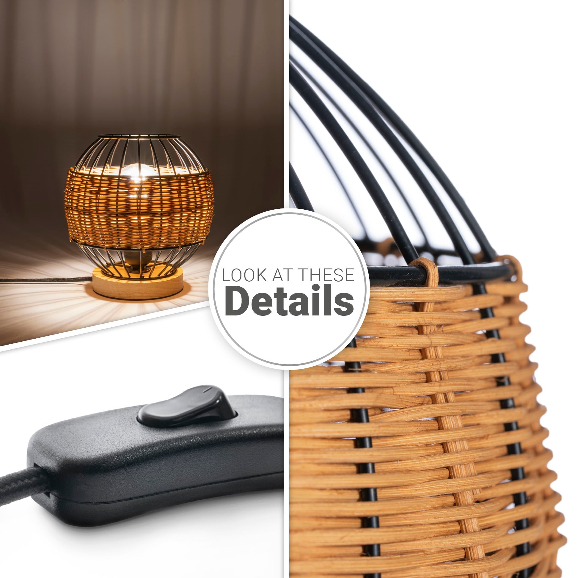 Paco Home Tischleuchte »PUGLO«, Leuchtmittel E27 | ohne Leuchtmittel, Rattan Schreib LED Rustikal Boho Holz E27