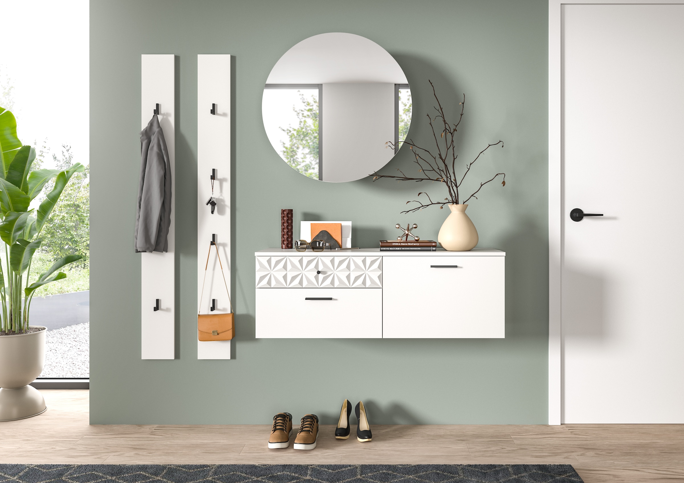 INOSIGN Garderoben-Set »VICENZA, 4-tlg., mit foraler Ornamentabsetzung in der Front«, (4 St.), best. aus.: Schuhschrank, Spiegelschrank und 2x Hakenpaneel