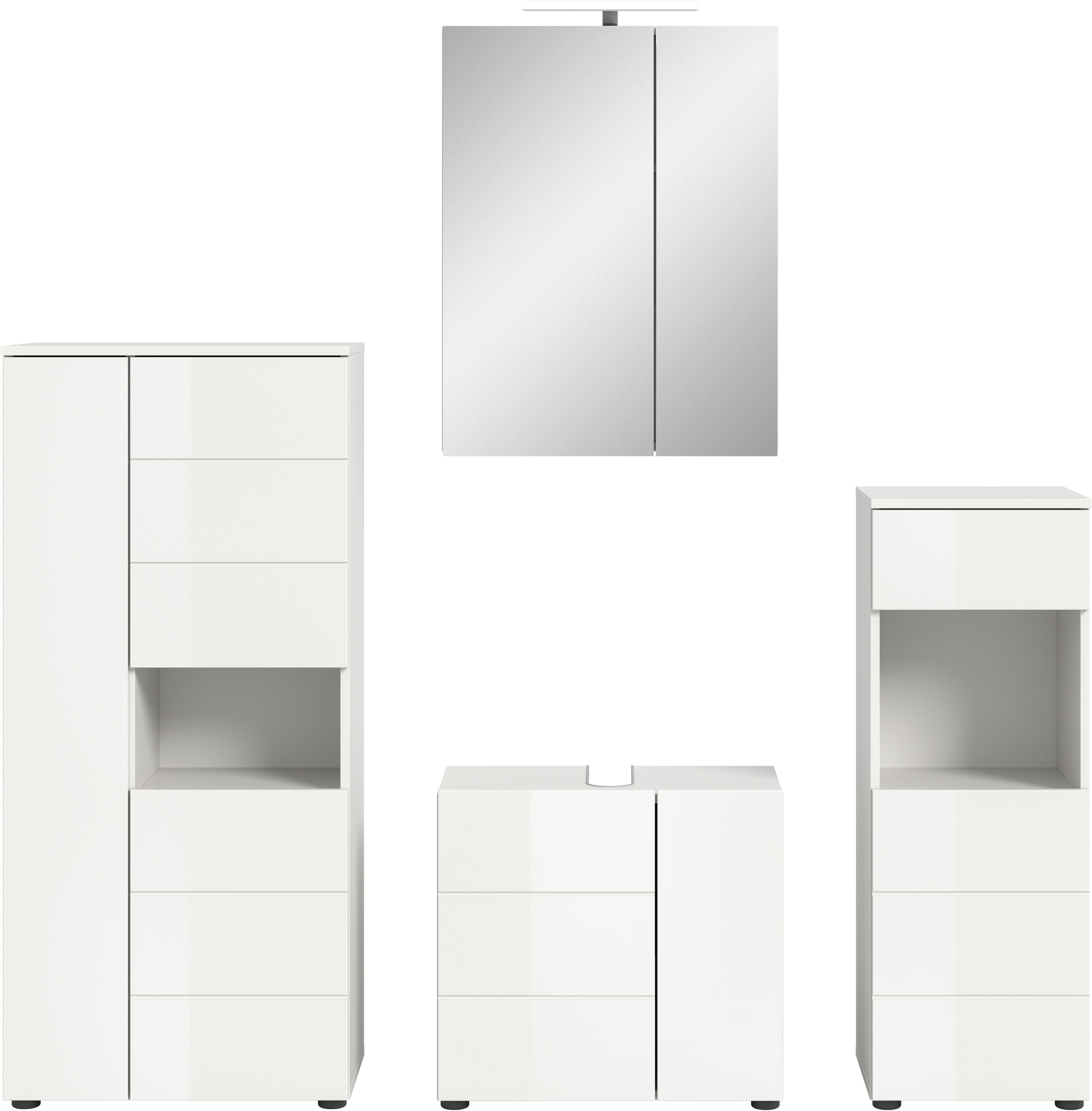 welltime Badmöbel-Set »Biel, Höhe 190 cm,Hochschrank,WBU, Spiegelschrank, Unterschrank, Lampe«, (5 St.), Bad Set, modernes Design, Unterschrank, Spiegel, Aufsatzleuchte