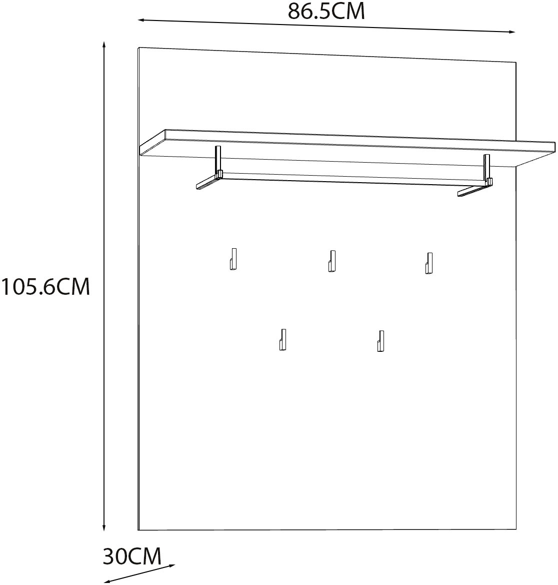 FORTE Garderobenpaneel »Bohol Paneel 5 Haken, Kleiderstange, Ablageboden« B/H/T 86,5/1056/30 cm