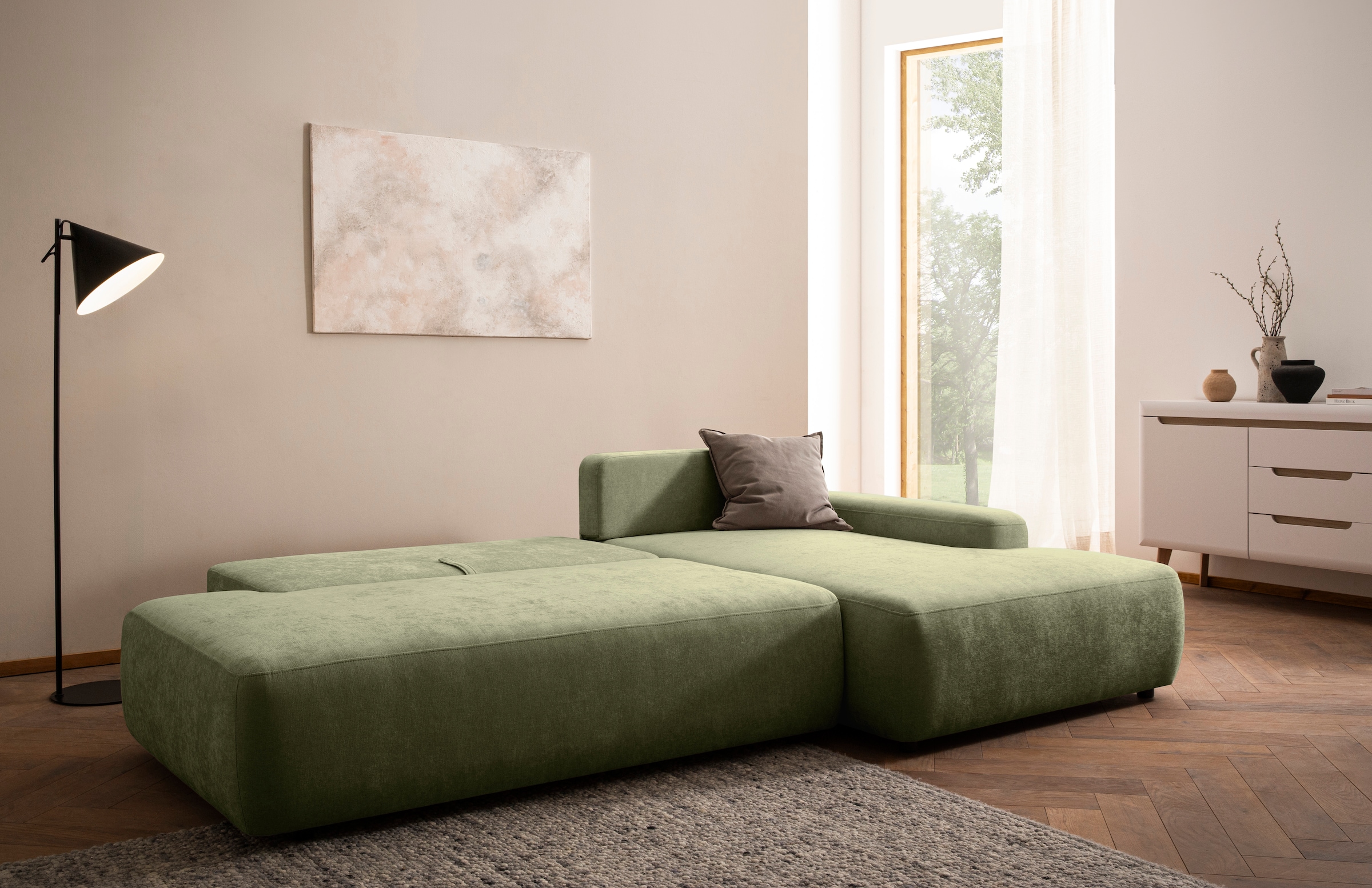 INOSIGN Ecksofa »TORGE, Schlafsofa Cord, Samtvelours u. Strukur fein, Couch in L-Form«, Schlaffunktion und Bettkasten, Liegefläche: 210x125 cm, neues Design