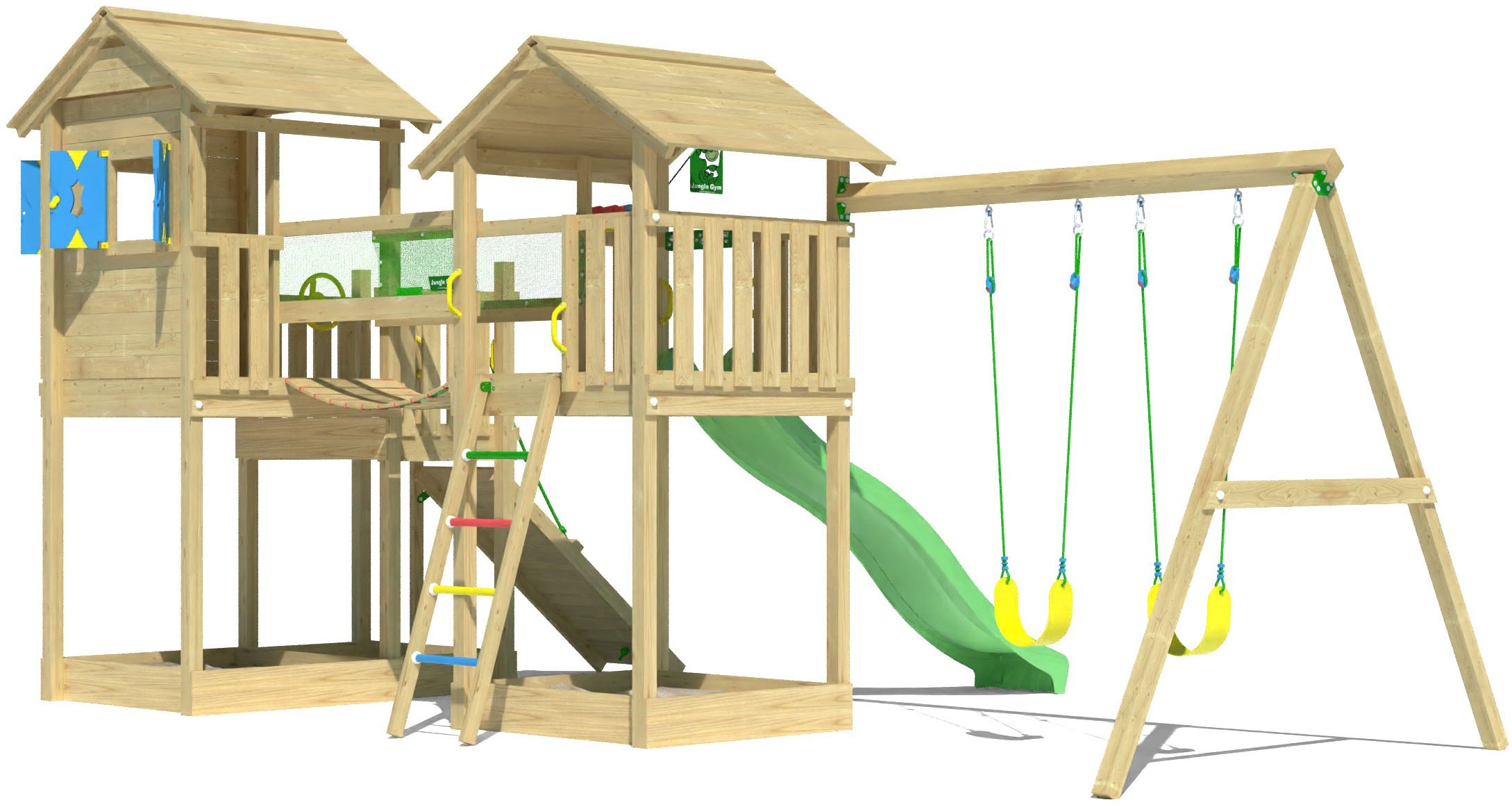 Jungle Gym Spielturm »Stronghold«, (Set), Spielanlage mit 2 Türmen, Schaukel und Rutsche mit Wasseranschluss