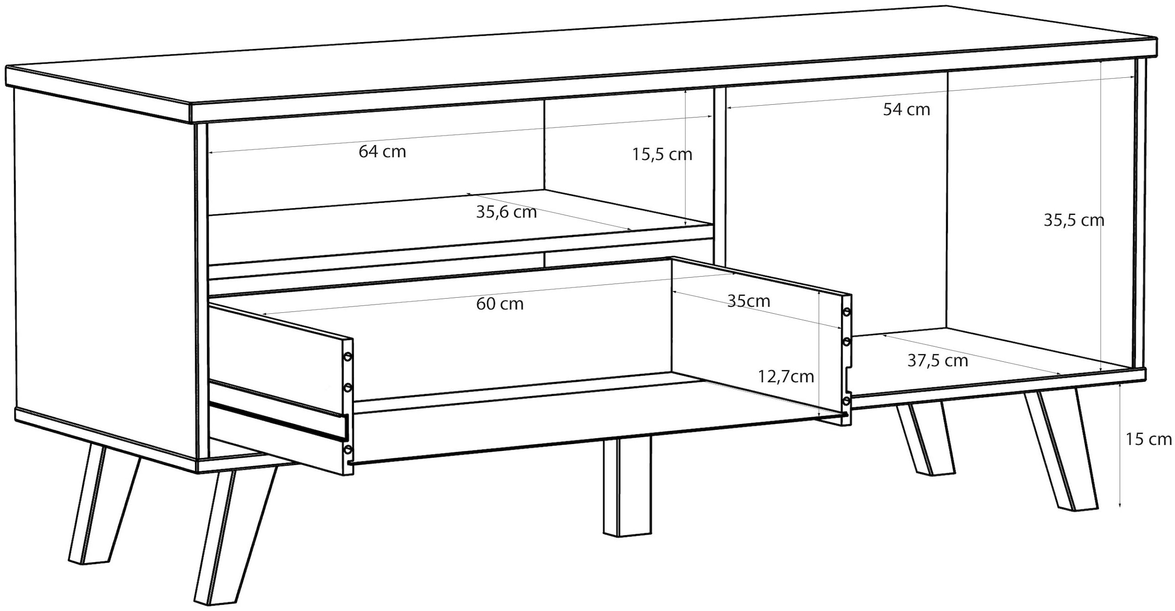FORTE Lowboard »Vankka TV-Bank, TV-Board«, (B/H/T 124,4/54,3/41,7 cm), TV-Teil, ca. 125 cm breit, viel Stauraum, Echtholzbeine