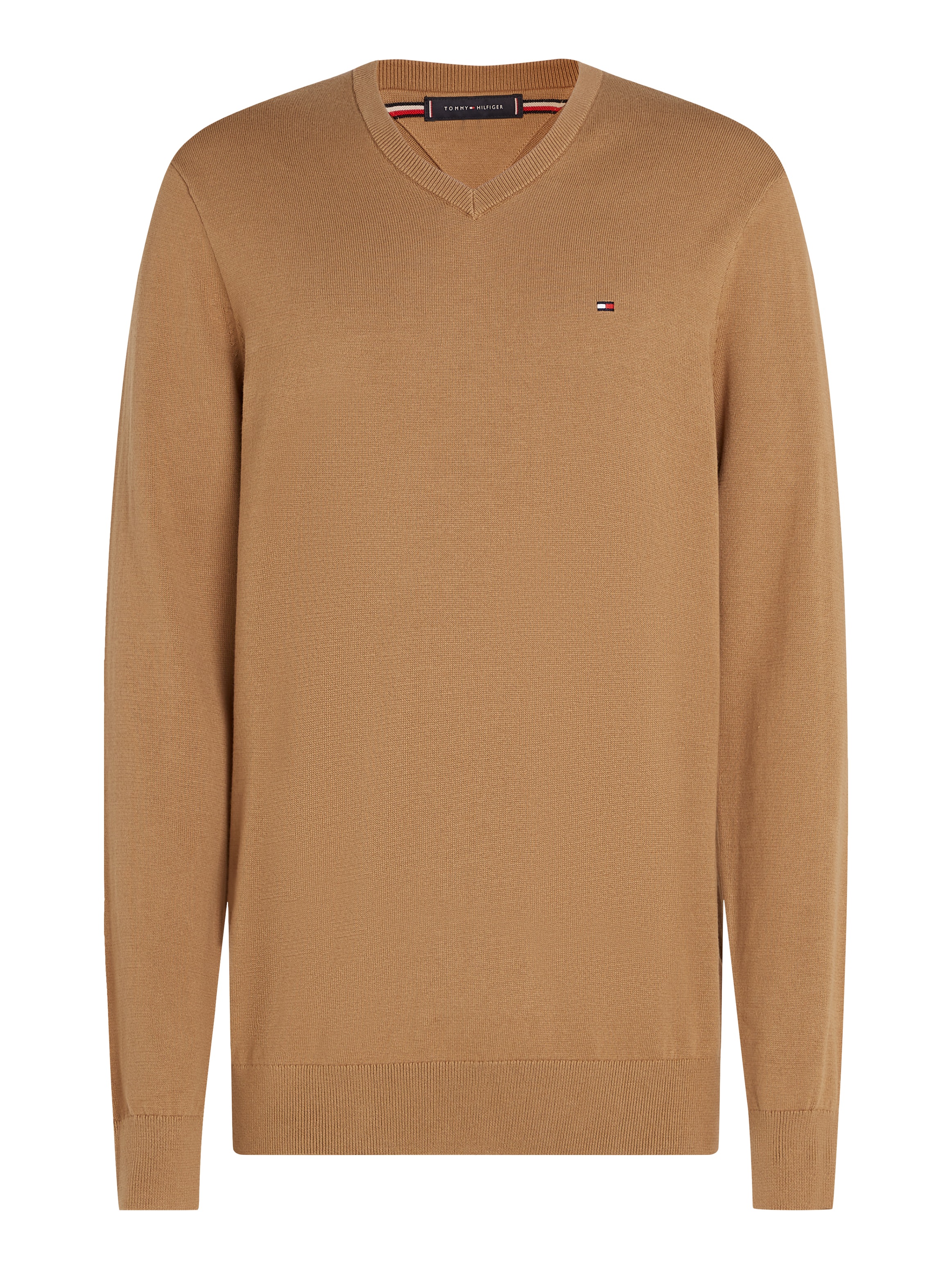 Tommy Hilfiger Strickpullover »ESSENTIAL COTTON V NECK mit V-Ausschnitt und Stickerei«, unifarben, casual, regular fit, Baumwolle, V-Ausschnitt