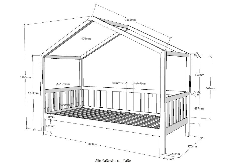 Vipack Hausbett »Dallas, mit Dachaufbau, Kiefer massiv, stabil gebaut«, (B/H/T ca. 210x170x97cm, mit Sprossenumrandung), wahlweise mit oder ohne Bettschublade und Textilhimmel