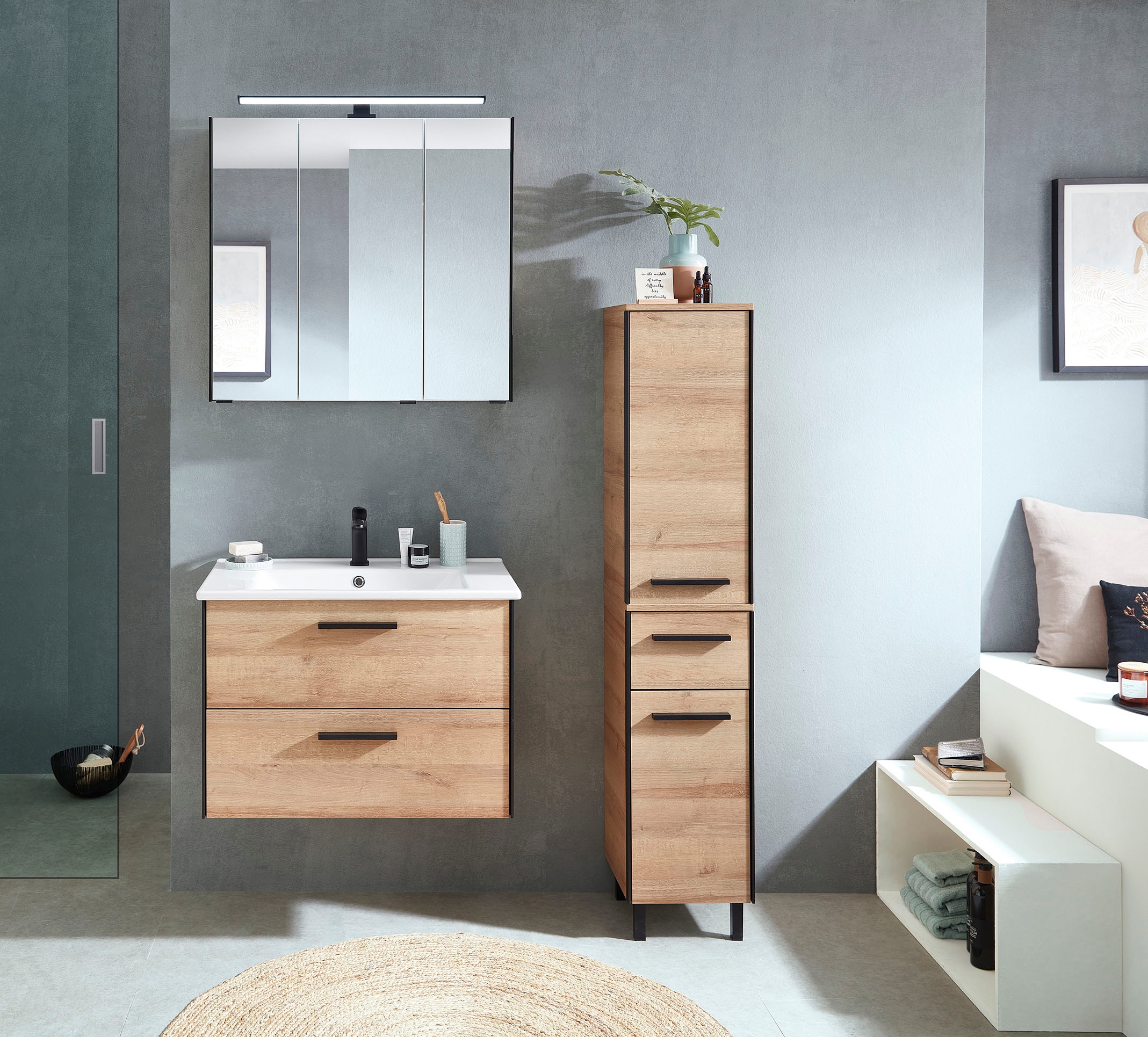 Saphir Badmöbel-Set »Quickset 395 2-teilig, Keramik-Waschtisch mit LED-Spiegelschrank«, (2 St.), Waschplatz 75 cm breit, 3 Türen, 2 Schubladen, Bad-Set