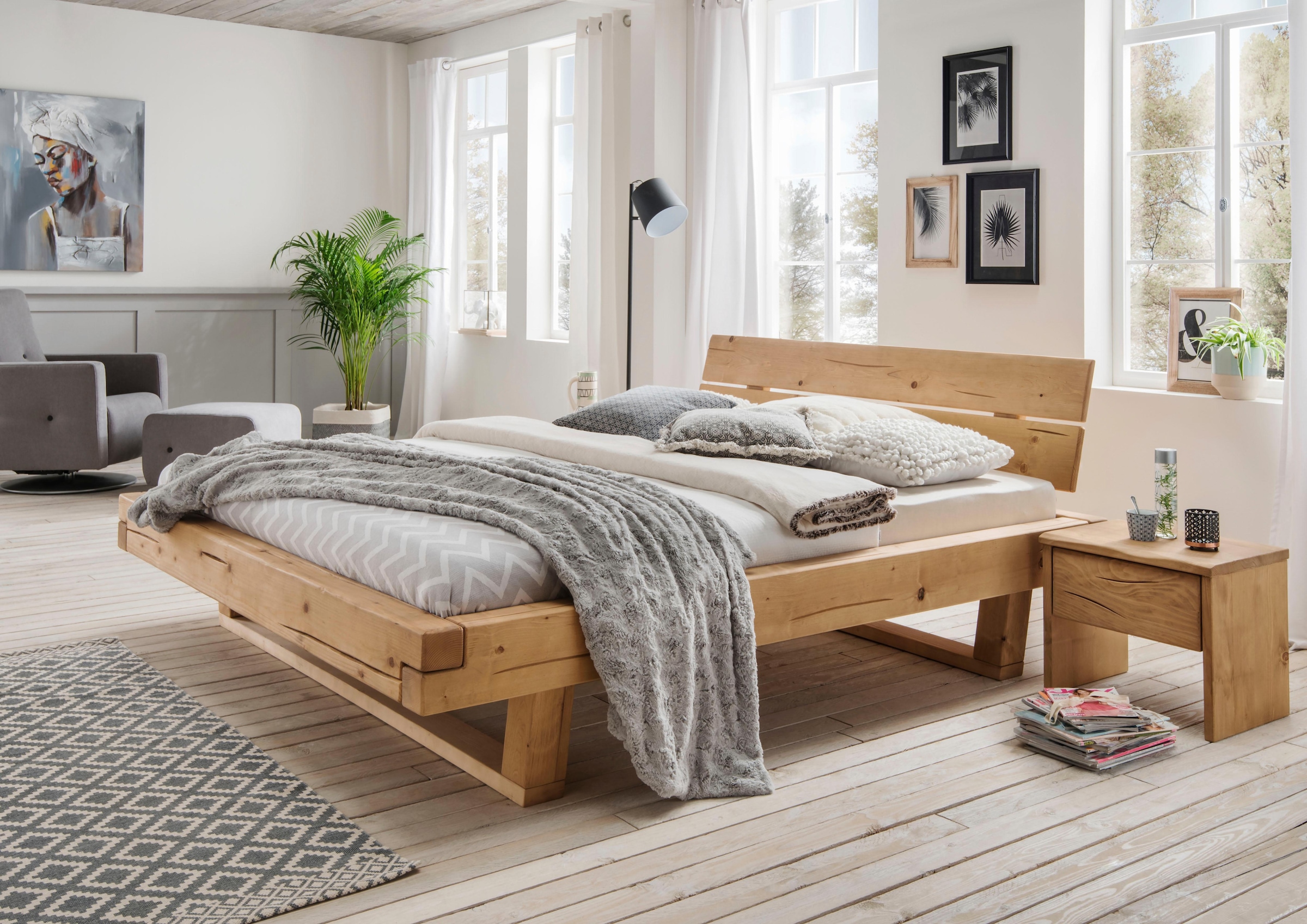 Home affaire Massivholzbett »Ultima Balkenbett Doppelbett, Füße mit Kufenform«, FSC®-zertifizierte Wildeiche oder Fichte, viele Breiten zur Auswahl