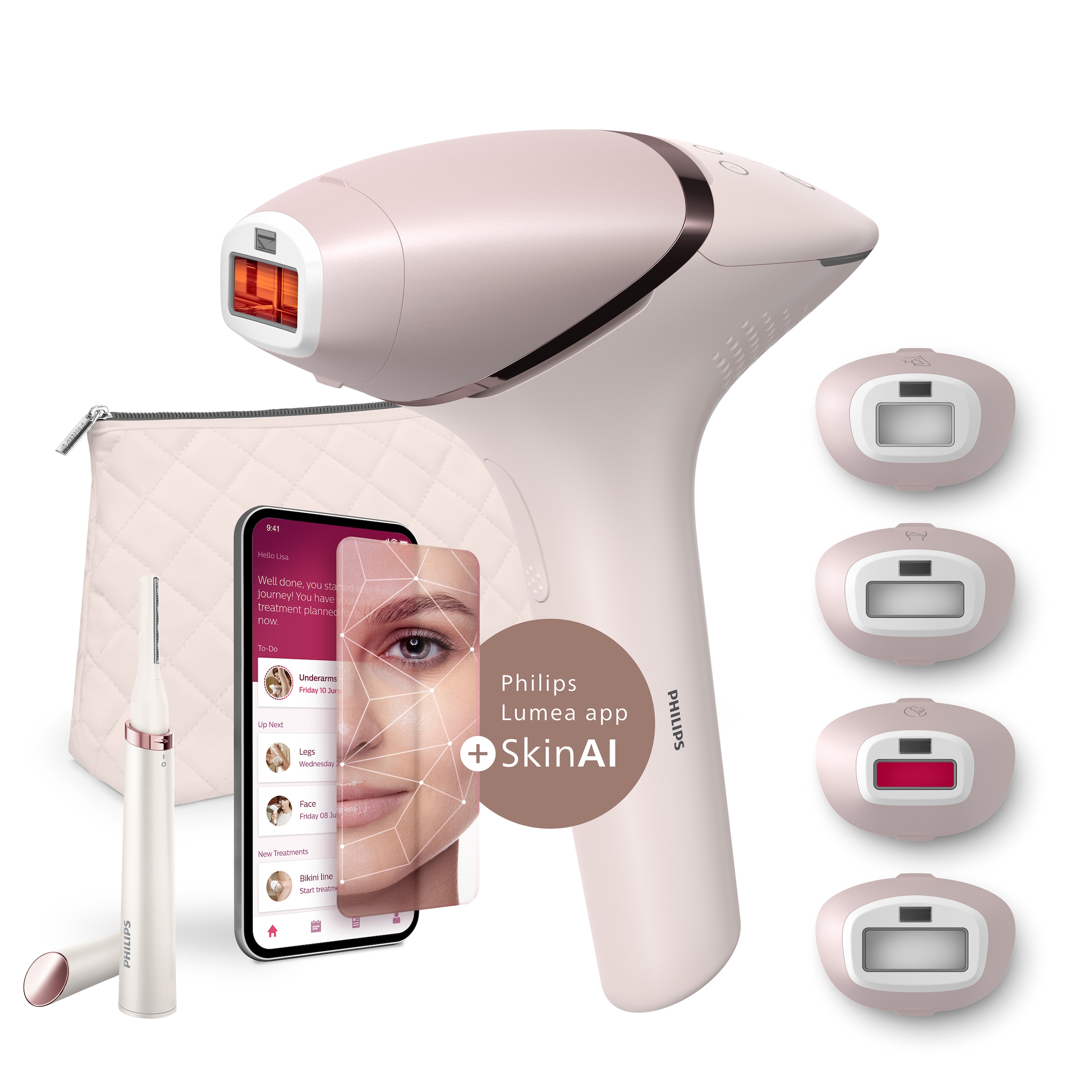 PHILIPS IPL-Haarentferner »Lumea Series 9900« 450.000 Lichtimpulse 4 Aufsätze (Achseln, Bikinizone, Körper, Gesicht), 3 SkinAI Funktionen rosa...