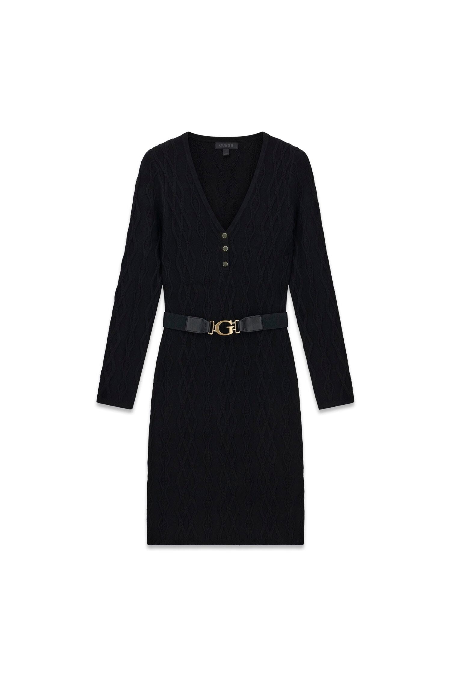 Guess Strickkleid »LS YUKI CABLEBODYCON DRESS« mit Taillengürtel, figurbetont