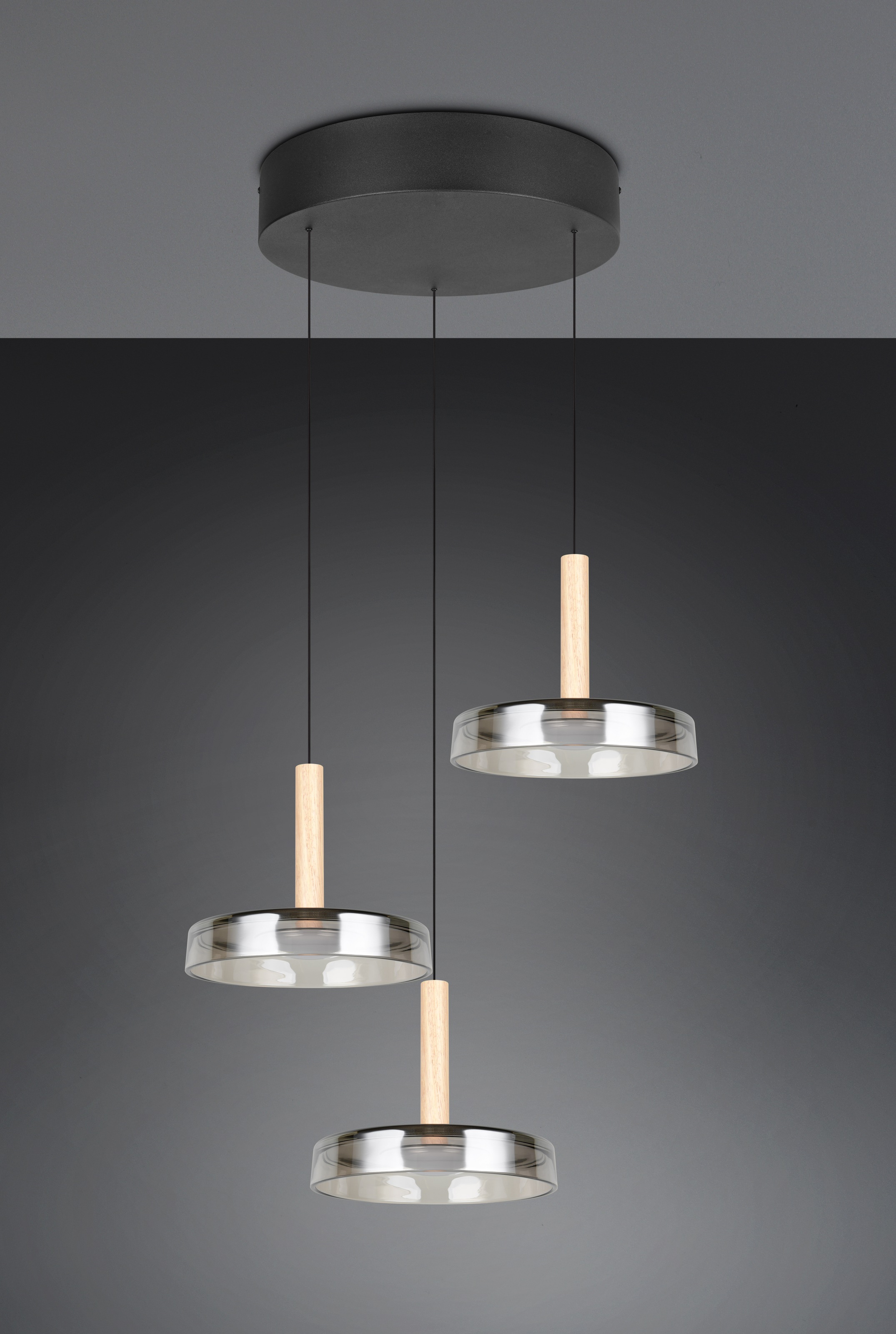TRIO Leuchten LED Pendelleuchte »CELESTE dimmbare LED Hängelampe aus Metall Glas & Holz, 7,5W 750 Lumen«, 3 flammig, Leuchtmittel LED-Board | LED fest integriert, 3-flammig einfach höhenverstellbar von 50-200 cm 3-Stufen Dimmfunktion