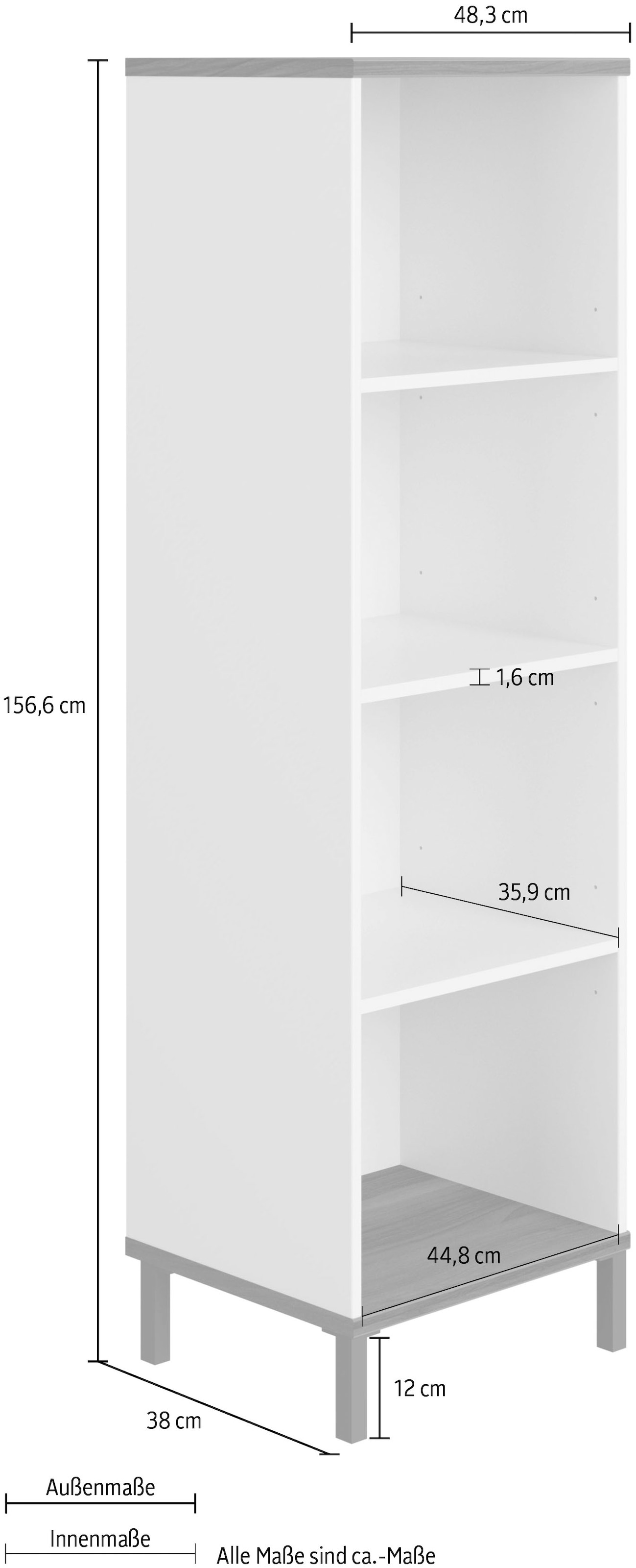 YUNY by PAIDI Standregal »LOVELY ALIV mit 4 offenen Fächern«, (B/H/T ca. 48x157x38cm, Off-White/Dark-Walnut), yuny by PAIDI