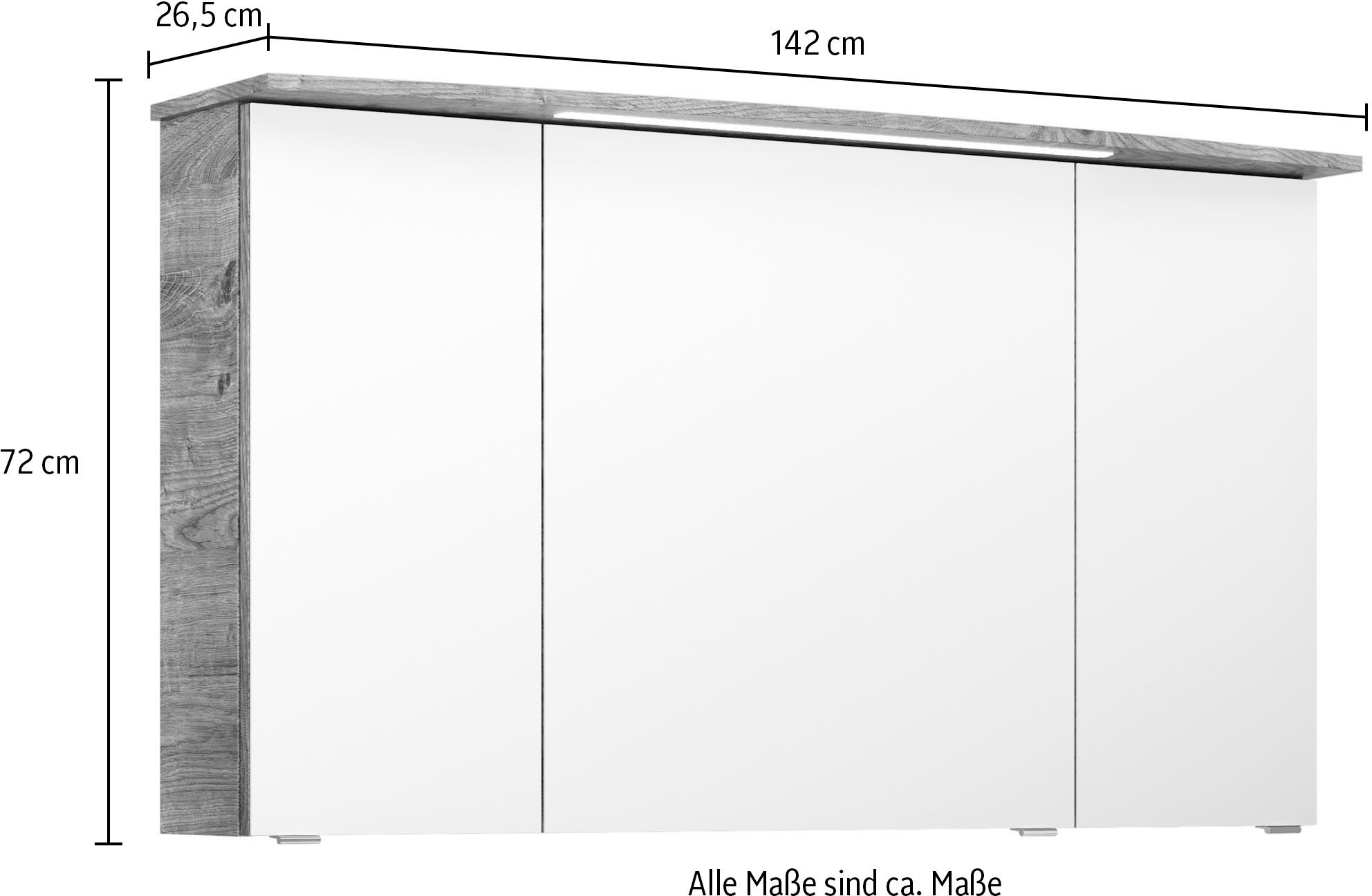 Saphir Badezimmerspiegelschrank »Serie 4010 Badezimmer-Spiegelschrank inkl. LED-Beleuchtung im Kranz«, Badschrank 142 cm breit, 3 Türen, 6 Glas-Einlegeböden, inkl Türdämpfer