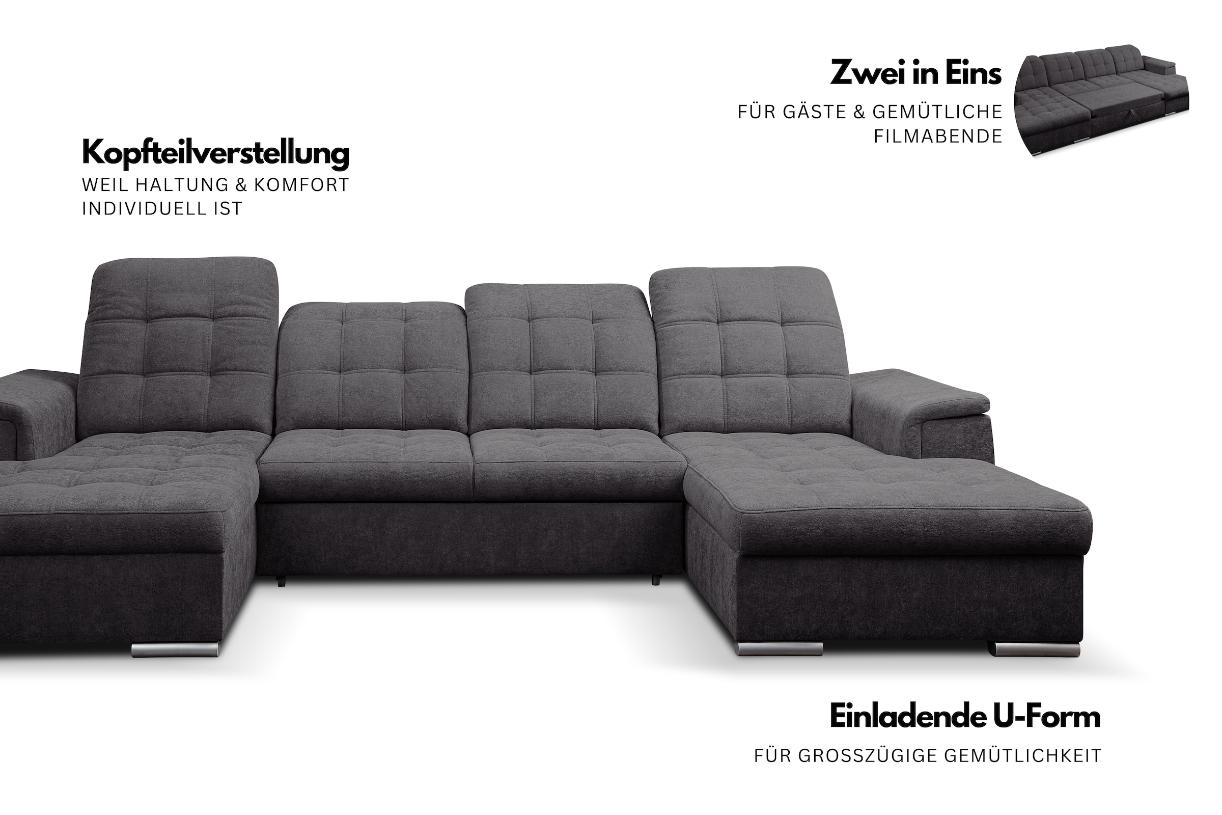 WERK2 Wohnlandschaft »Napoli« verstellbare Kopfteile, mit Schlaffunktion und Bettkasten